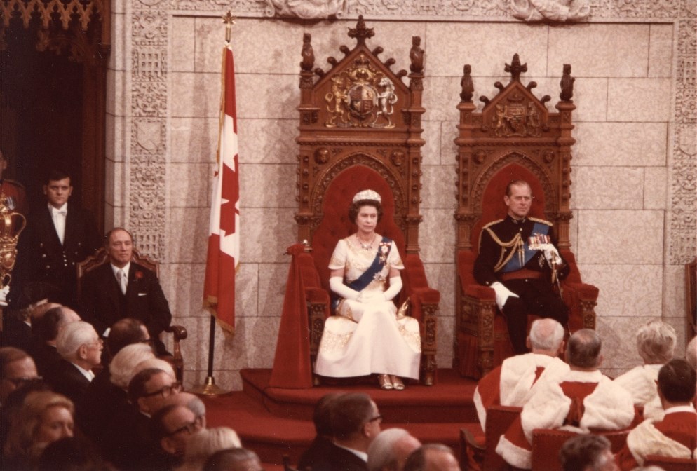 Queen Elizabeth II and Prince Philip in the Senate Chamber during the opening of Parliament in 1977.