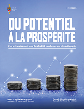 
Quatre piles de pièces de monnaie sur une surface bleue. Chaque pile est plus haute que la précédente et est surmontée d’un graphique en ligne ascendant comportant des points lumineux, avec le titre « Pour un investissement accru dans les PME canadiennes, une nécessité urgente », ainsi que le texte suivant :
Octobre 2026
Rapport du Comité sénatorial permanent des banques, du commerce et de l’économie
L’honorable Clément Gignac, président
L’honorable Toni Varone, vice-président
