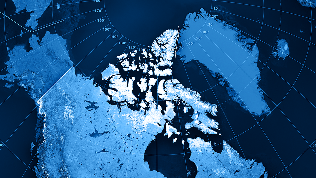 A blue-toned map of Canada’s North and the Arctic region. 