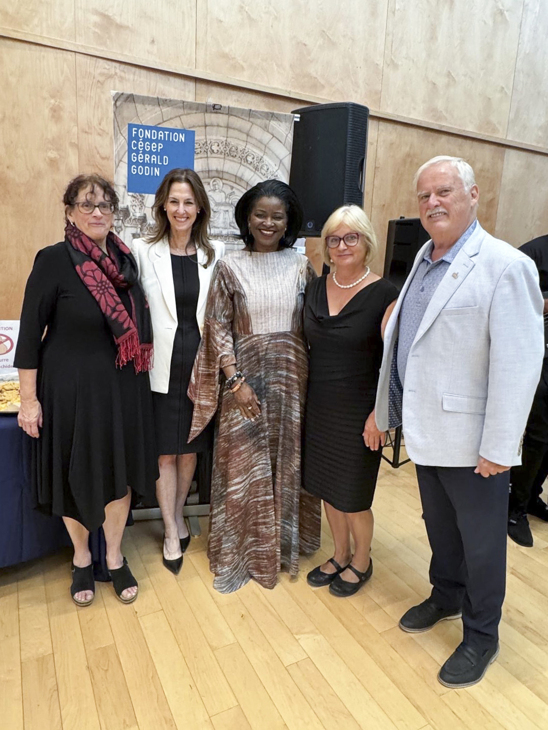 Thursday, September 11, 2025 – Senators Amina Gerba, centre, and Julie Miville-Dechêne, second from right, with organizers and speakers from Cégep Gérald-Godin; fundraising evening in support of the Student Refugee Program run by the World University Service of Canada (WUSC), Montréal, Quebec.