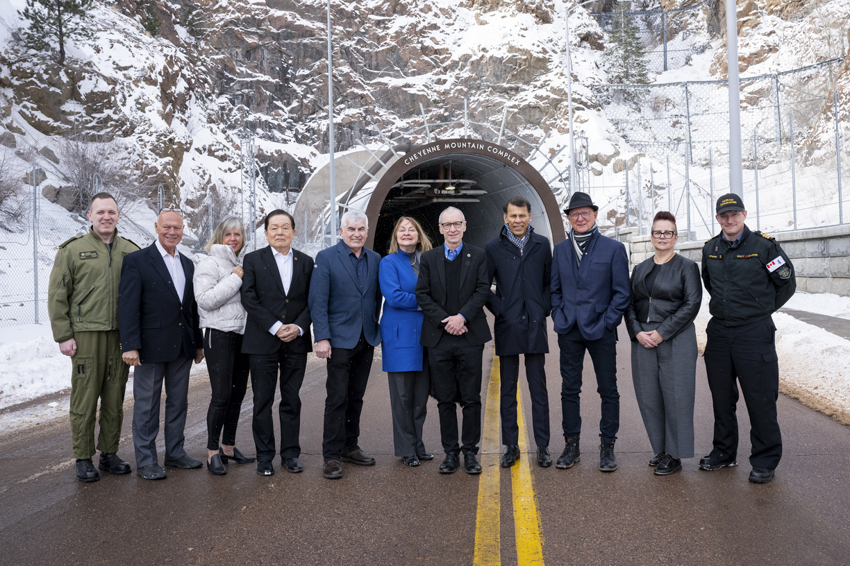 From second left to second right, senators ⁠Jean-Guy Dagenais, ⁠Marty Deacon, ⁠Victor Oh, ⁠Clément Gignac, ⁠Donna Dasko, ⁠Tony Dean, ⁠Hassan Yussuff, ⁠Pierre-Hugues Boisvenu and ⁠Margaret Dawn Anderson visit NORAD headquarters in Colorado Springs, U.S., on behalf of the Senate Committee on National Security, Defence and Veterans Affairs. The committee undertook a fact-finding mission as part of its study of Canada’s security and defence in the Arctic.