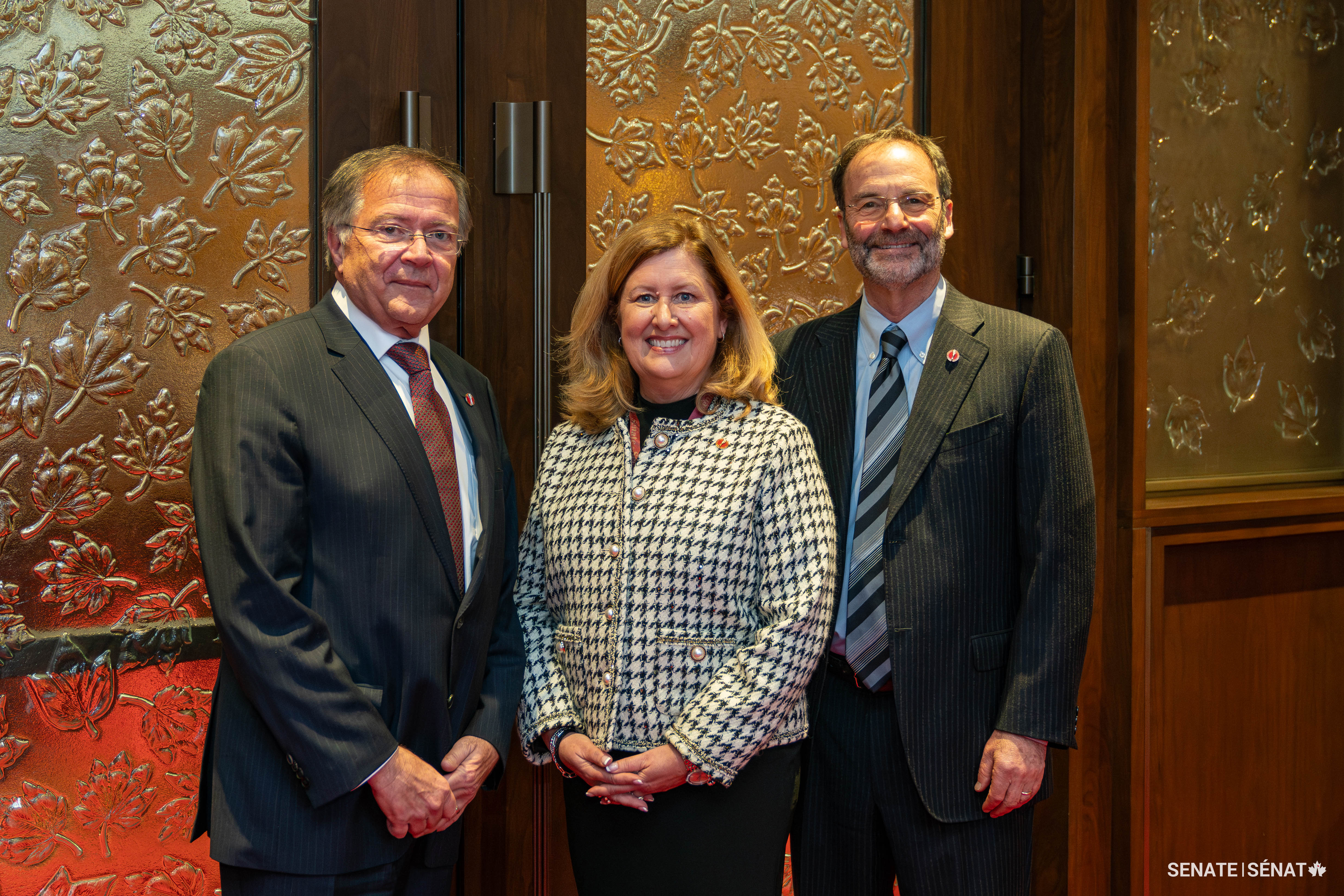From left, Senator Jim Quinn stands with senators Krista Ross and Marc Gold ahead of Senator Ross’s swearing-in ceremony on November 21, 2023.