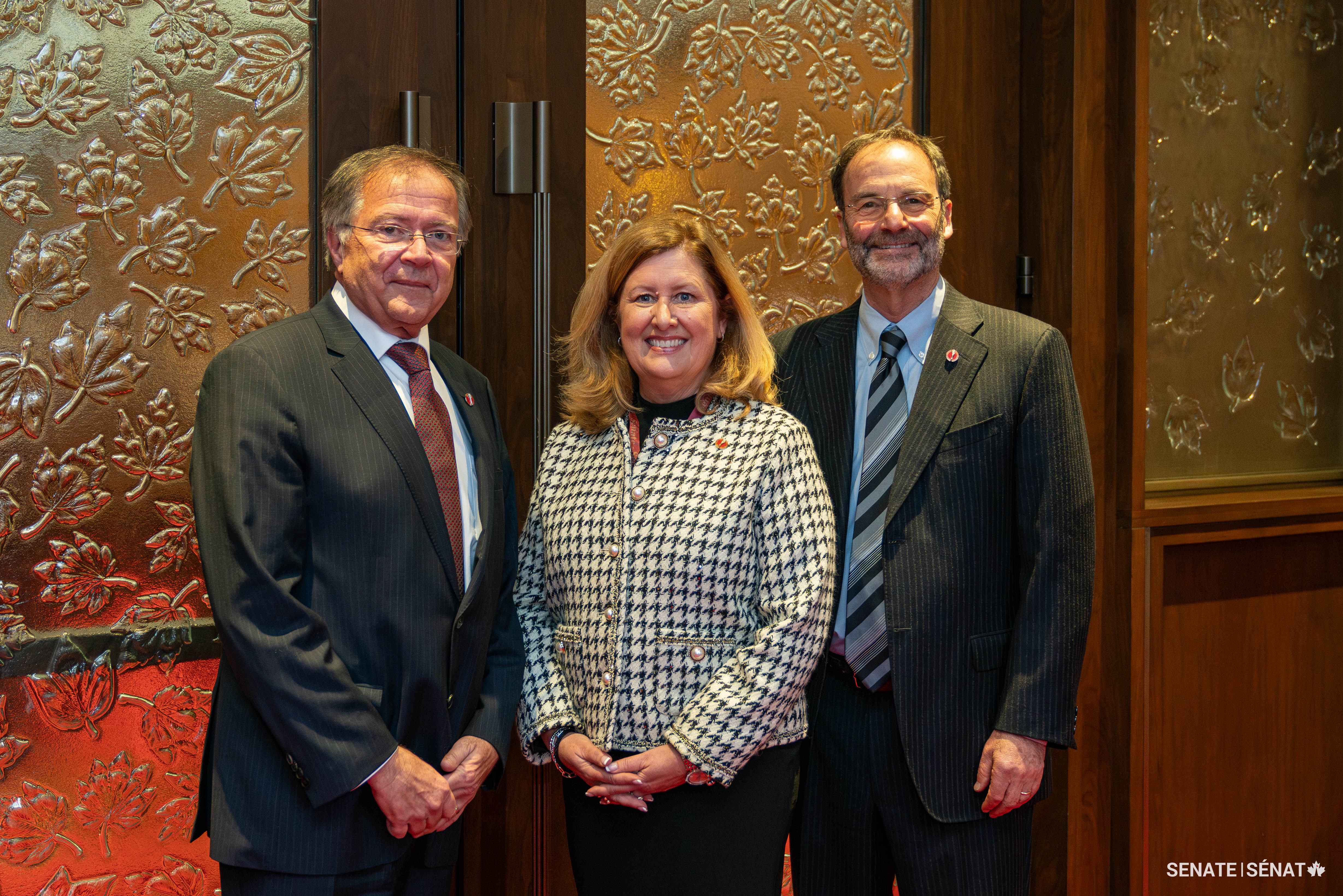 From left, Senator Jim Quinn stands with senators Krista Ross and Marc Gold ahead of Senator Ross’s swearing-in ceremony on November 21, 2023.