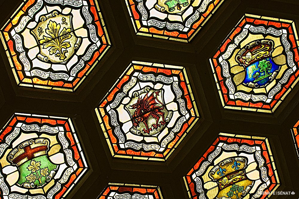 The red dragon of Wales in the stained-glass ceiling in Centre Block’s Senate foyer.