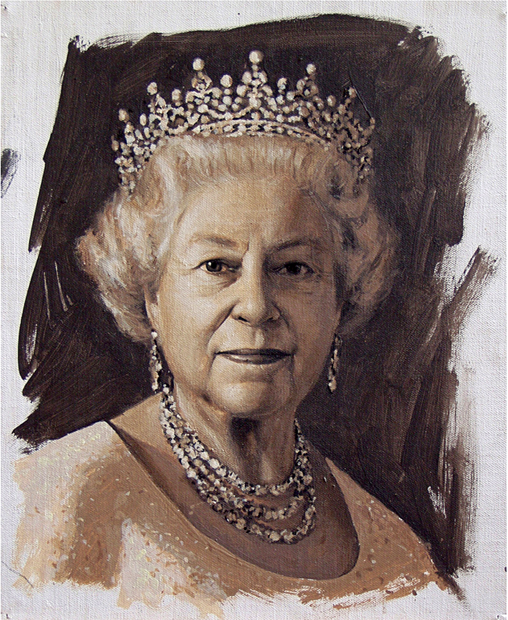 Mr. Richards sketched a series of closeups as well. This detailed study was the model for the Queen’s likeness in the final portrait. (Acrylic paint on canvas on board, H: 25.4 cm x W: 20.3 cm. 2010. Courtesy of Phil Richards)
