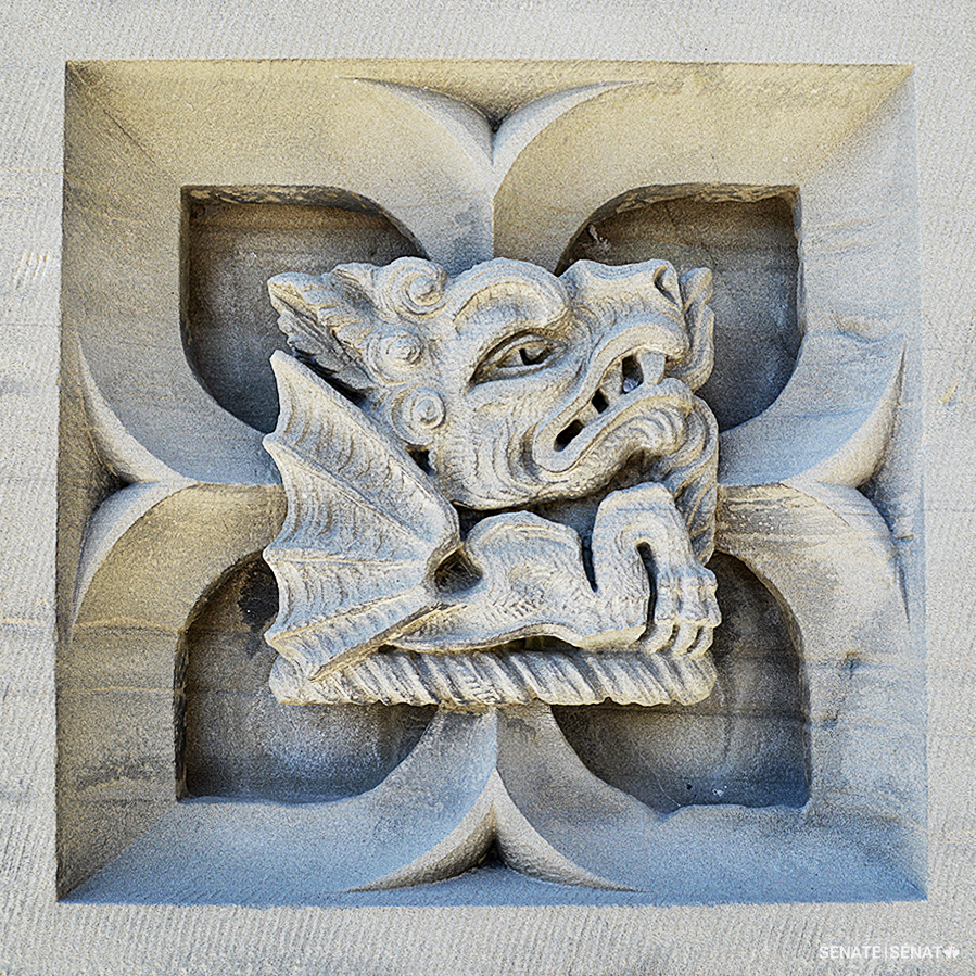 A dragon at the base of Centre Block’s Peace Tower.