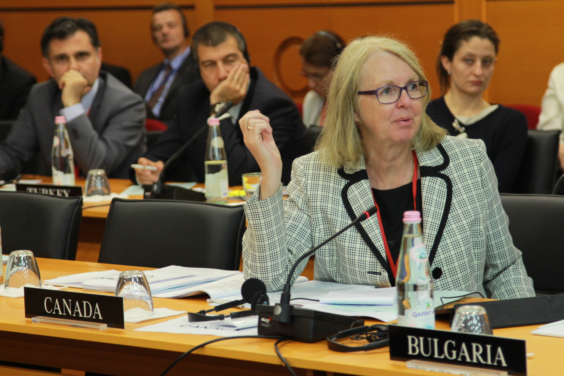 Photo: La sénatrice Cordy s'addresse à un comité de l'OTAN.