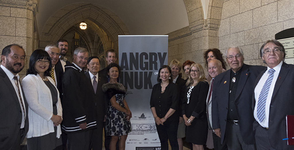 Pictured: Director Alethea Arnaquq-Baril, central figure of the film Aaju Peter, Senators, National Film Board of Canada (NFB) producers and Eyesteel Film co-producers.