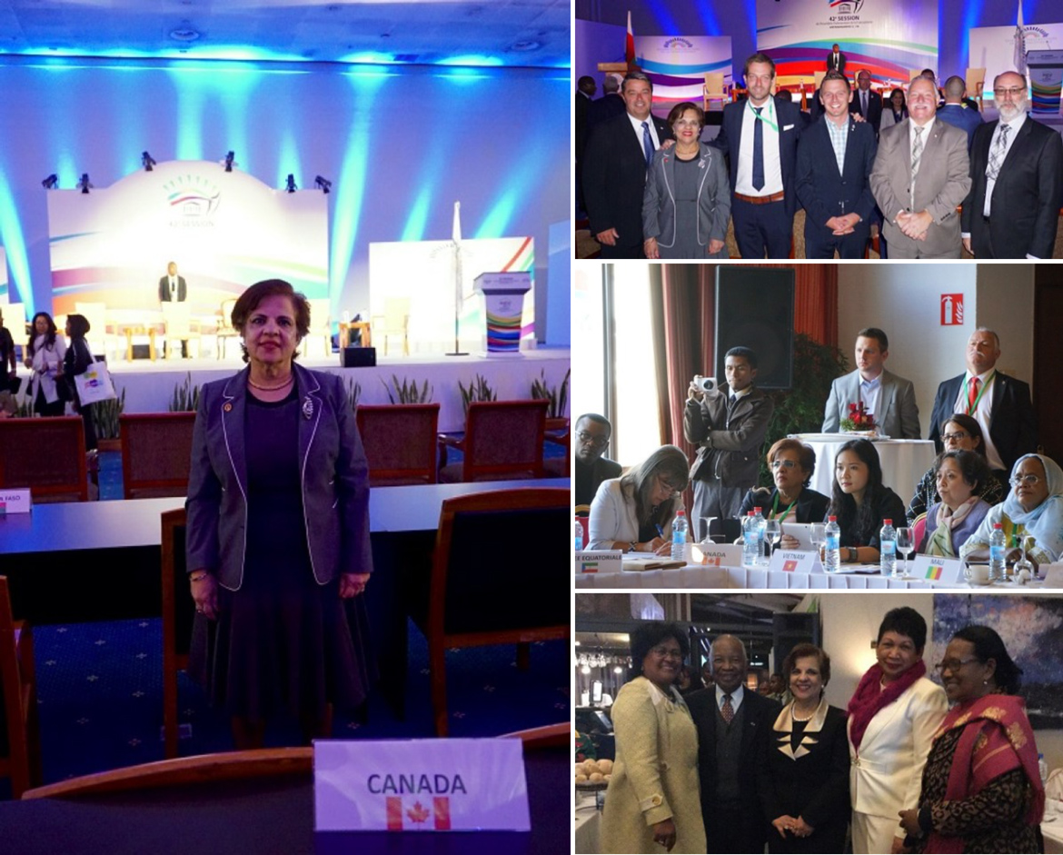 Photo collage of Senator Jaffer at the Assemblée parlementaire de la Francophonie