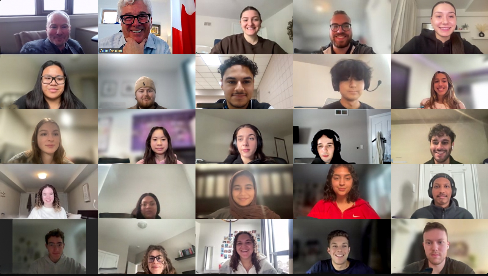 Thursday, March 6, 2025 – Senator Colin Deacon, second from top left, virtual event, coordinated by SENgage, with students from Western University, London, Ontario.