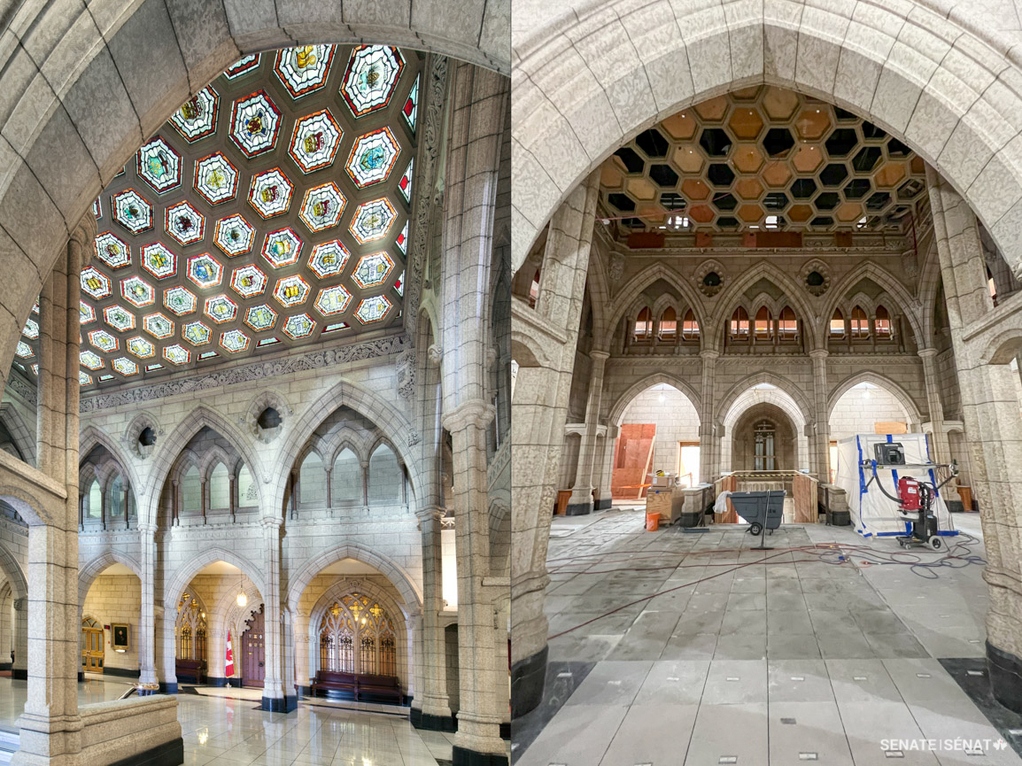 The ceiling of the Senate foyer is made up of 105 hexagonal stained-glass panels, known as “laylights,” that help illuminate the pointed arches, soaring columns and royal portraits normally found in this distinguished space. Many of the laylights depict symbols of the European cultures that contributed to Canada’s founding, and the names of all the Senate speakers until 1920. The fragile panels were carefully removed, traced, photographed, wrapped and stored for protection.