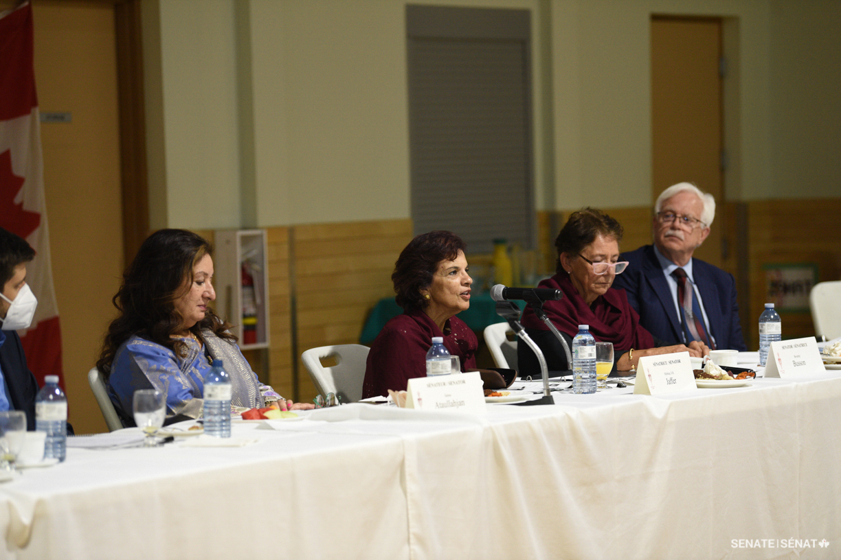Tuesday, September 6, 2022 – As part of the Senate committee on Human Rights’ fact-finding mission on Islamophobia in Canada, senators (from left) Salma Ataullahjan, Mobina S. B. Jaffer, Bev Busson and David M. Arnot address Muslim witnesses at the Masjid Al-Salaam and Education Centre in Burnaby, British Columbia. They heard powerful testimonials from experts and the public that will help understand the scope of the problem across the country and identify concrete recommendations for