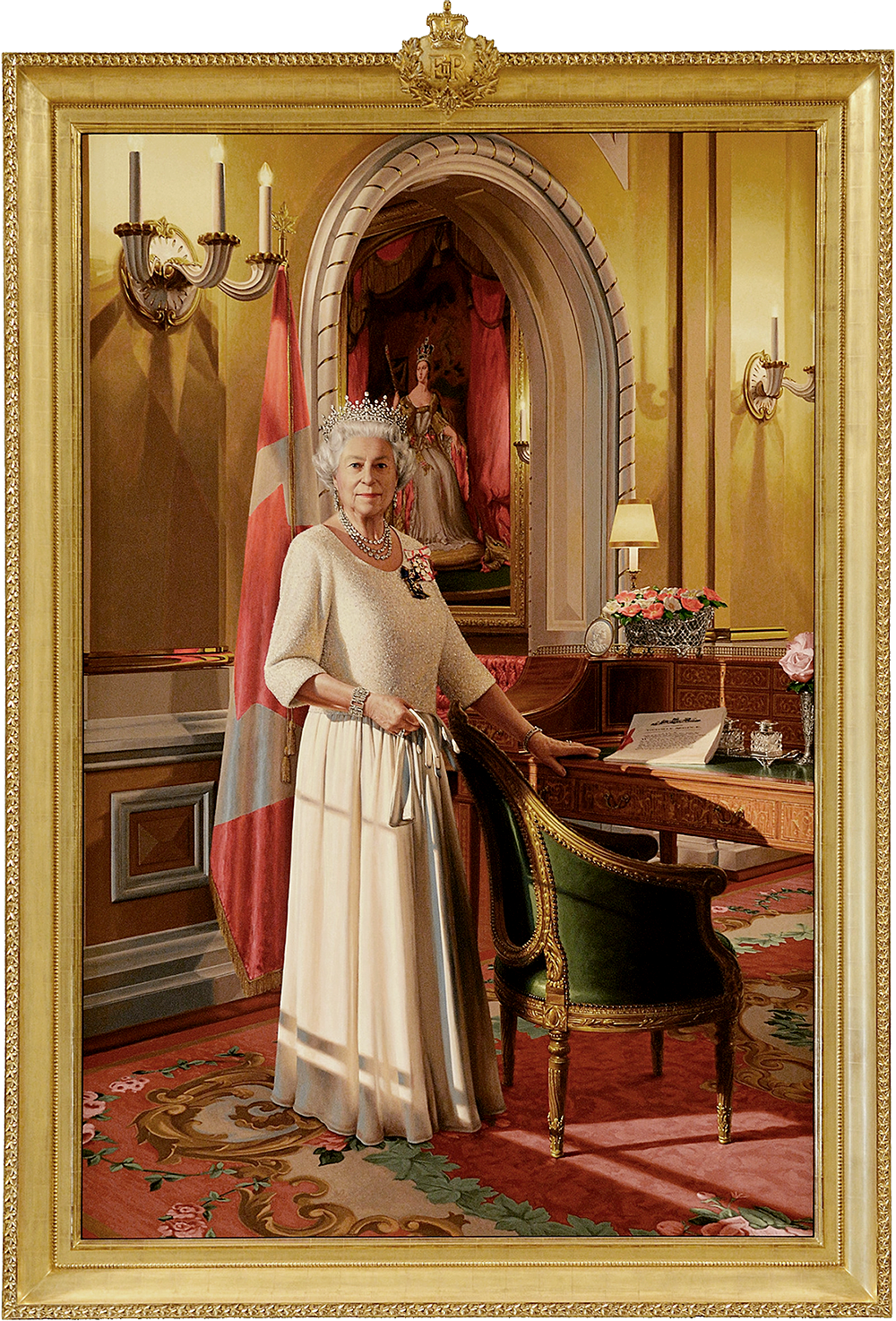The 2012 official Diamond Jubilee portrait of Queen Elizabeth II, by Toronto artist Phil Richards, moved to the Senate of Canada Building in January 2025. (Acrylic on canvas, H: 274 cm x W: 183 cm, Official Residences Crown Collection, National Capital Commission)
