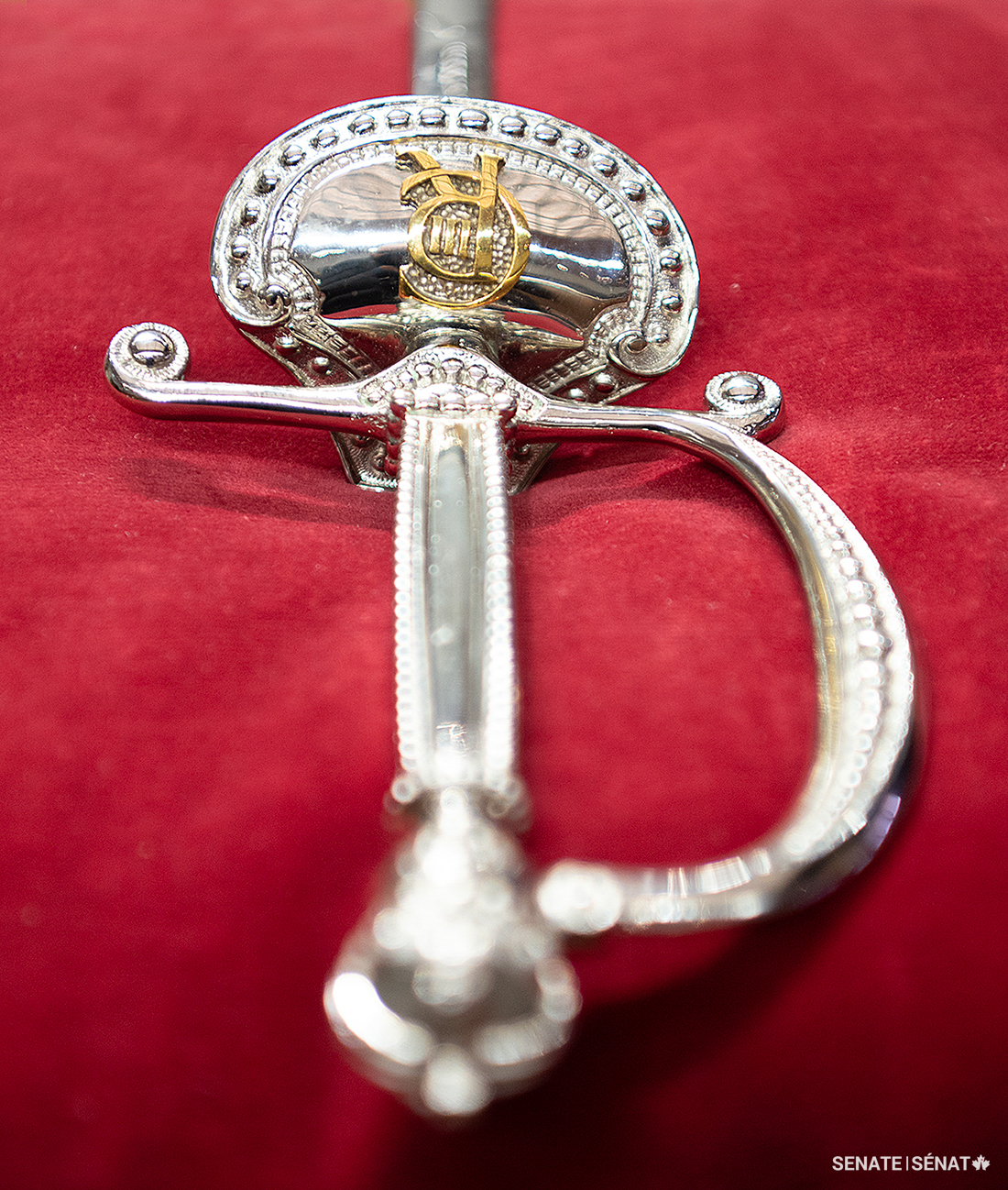 The royal cypher of King Charles III features prominently on the guard of this ceremonial sword — a gift from the King.