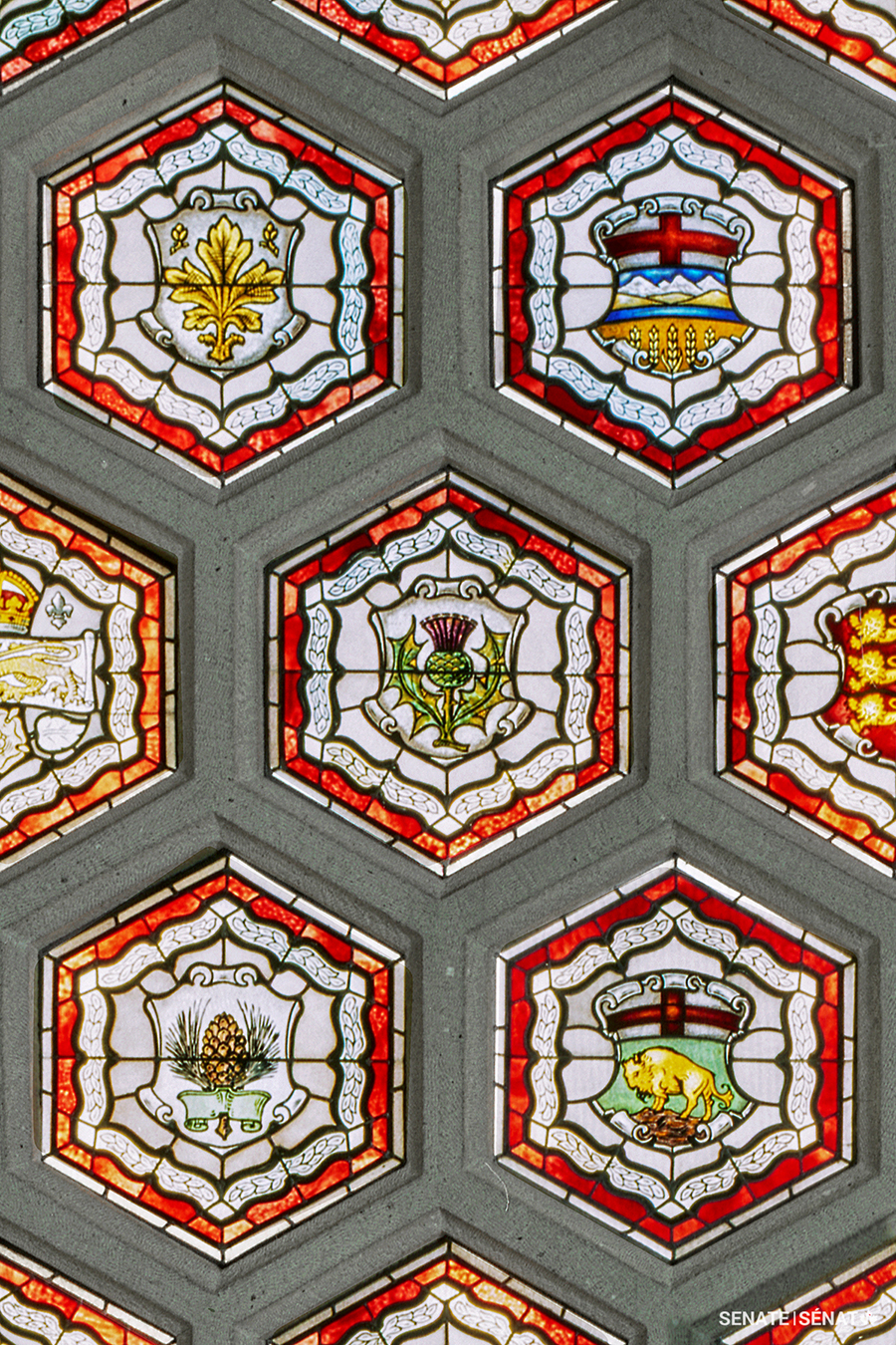 A Scottish thistle in the stained-glass ceiling in Centre Block’s Senate foyer.