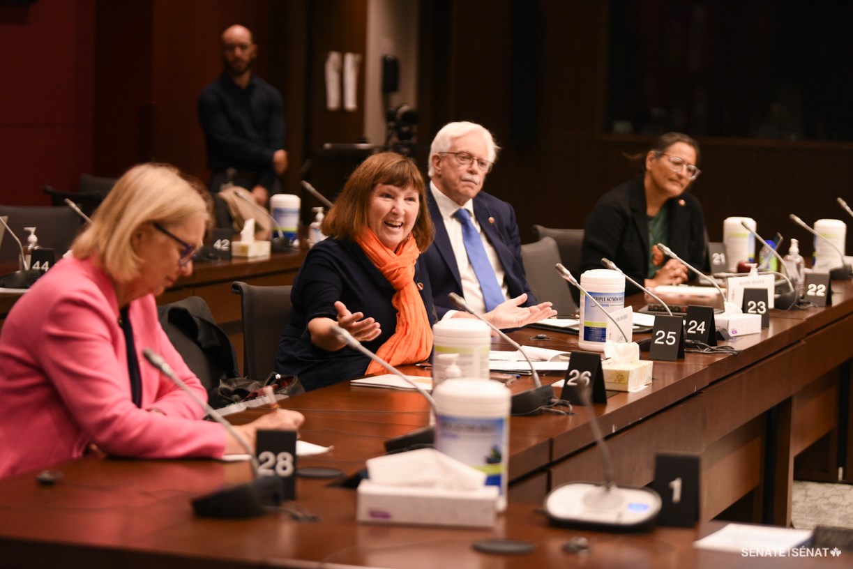 Senator Mary Coyle (second from left) addresses the Indigenous youth leaders invited to testify before the Senate Committee on Indigenous Peoples on September 26, 2022. Also pictured, from left to right, are senators Jane Cordy, David M. Arnot and Michèle Audette.
