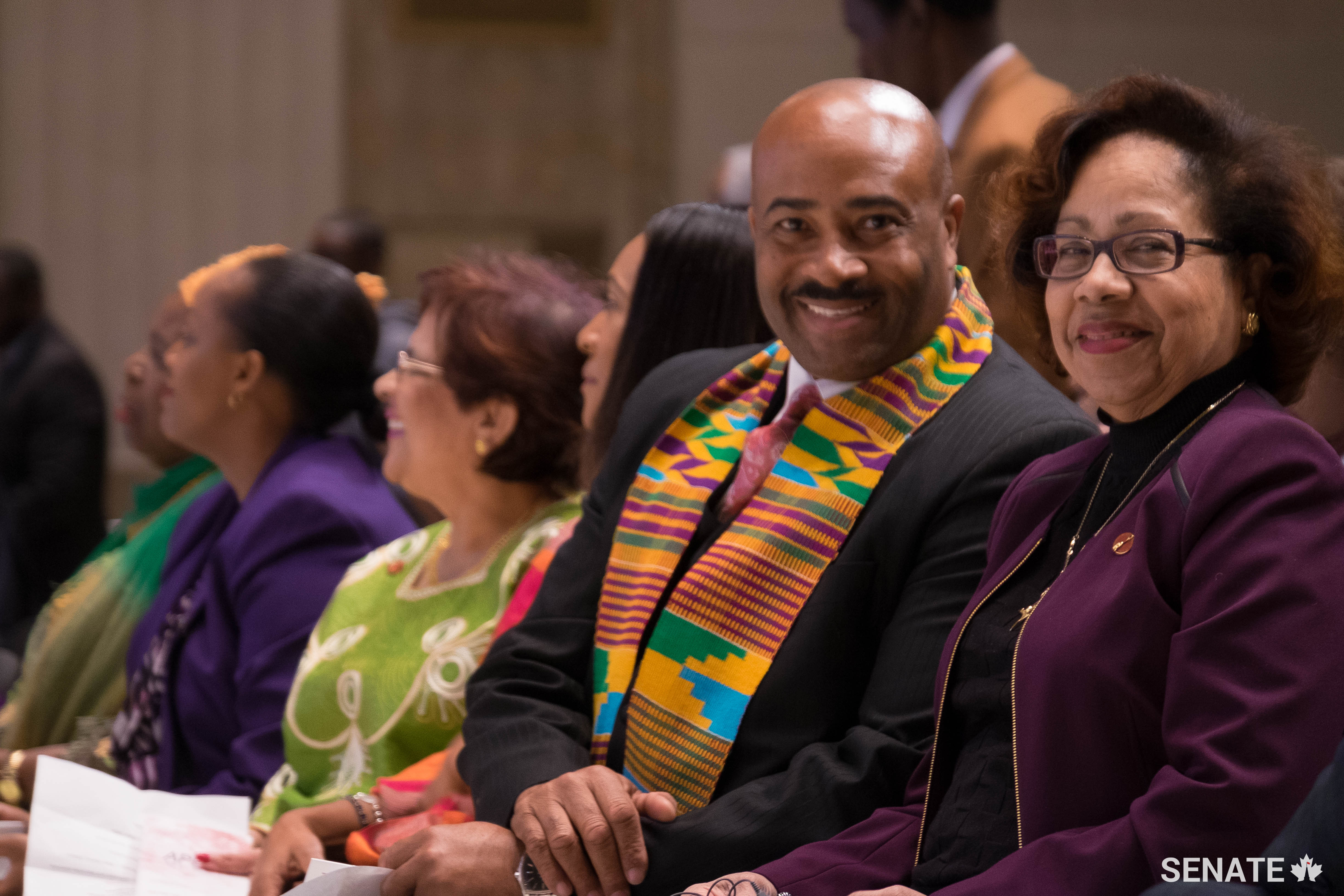 Senators Marie-Françoise Mégie and Don Meredith hosted a celebration of Black History Month in Ottawa, 2017. Seated to their right is event co-host Senator Mobina Jaffer.
