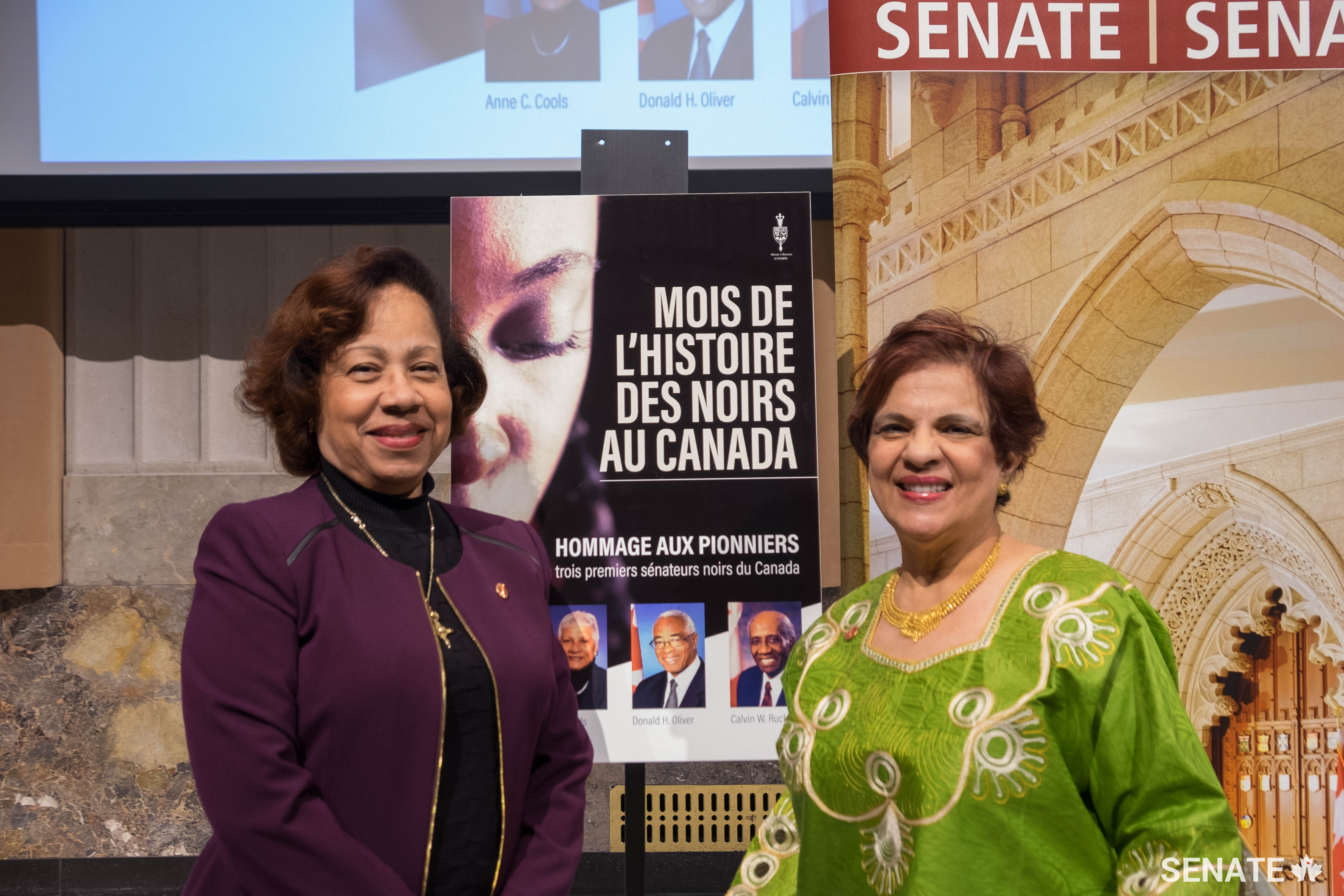 Senators Mégie (left) and Jaffer (right) spoke about their respective journeys to Canada from Haiti and Uganda, respectively.
