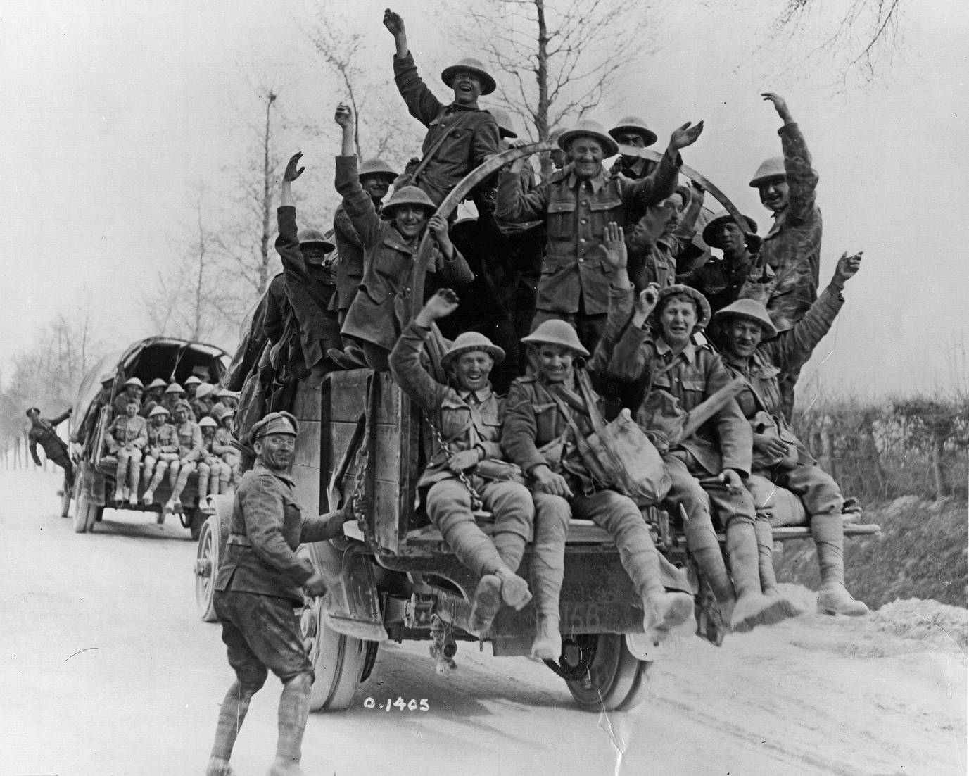 Victorious Canadian soldiers celebrate their victory at Vimy Ridge as they are transported behind the lines for a few days leave. (Library and Archives Canada)