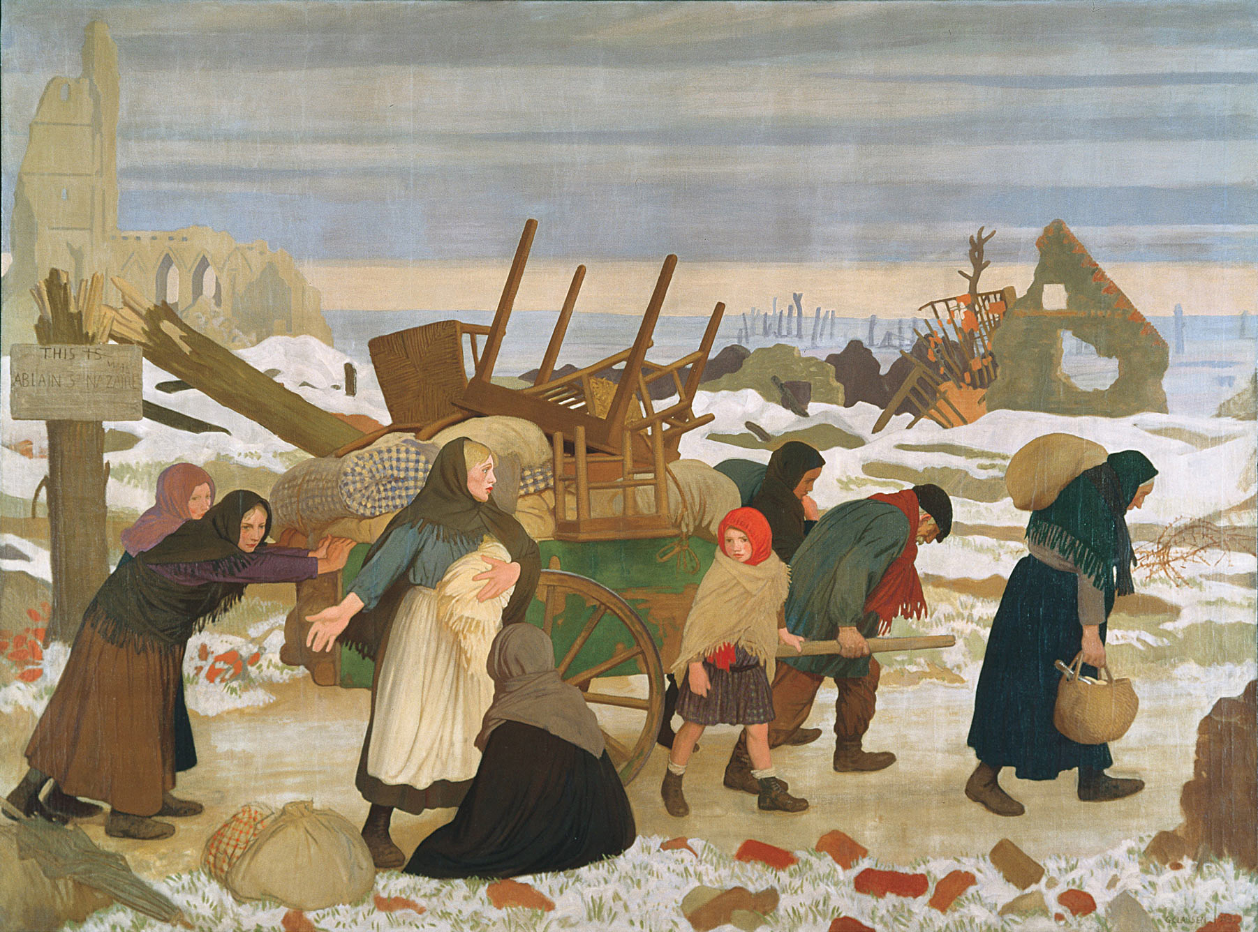 Le peintre britannique George Clausen a voyagé en France pour y faire des croquis peu après l’armistice de novembre 1918. Ici, il représente des réfugiés qui retournaient à leurs maisons détruites. (Sir George Clausen, Le retour à la terre reconquise, huile sur toile, 1919, H : 274,3 cm x L : 366,3 cm, Beaverbrook Collection of War Art, Musée canadien de la guerre, CWM 19710261-0121)