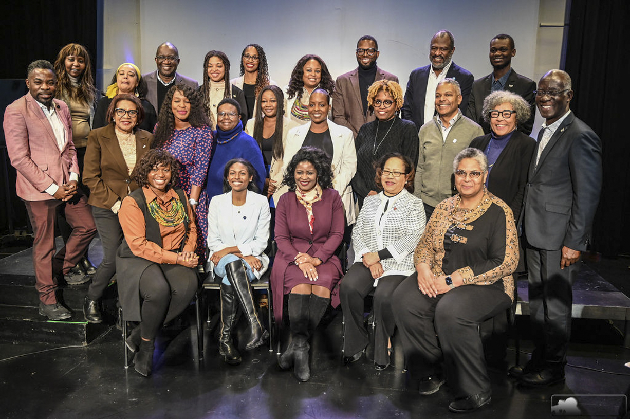 Senators Amina Gerba, front centre, and Marie-Françoise Mégie, front row second from right, join political representatives in a roundtable discussion for Black History Month in Montréal, Quebec. They shared their experiences and proposed ideas on how to help Black communities thrive.