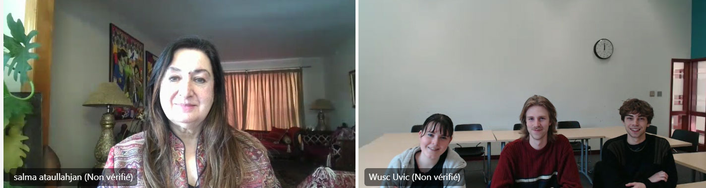 Thursday, March 13, 2025 – Senator Salma Ataullahjan; virtual event, coordinated by SENgage, with students from the University of Victoria’s World University Services of Canada, Victoria, British Columbia.