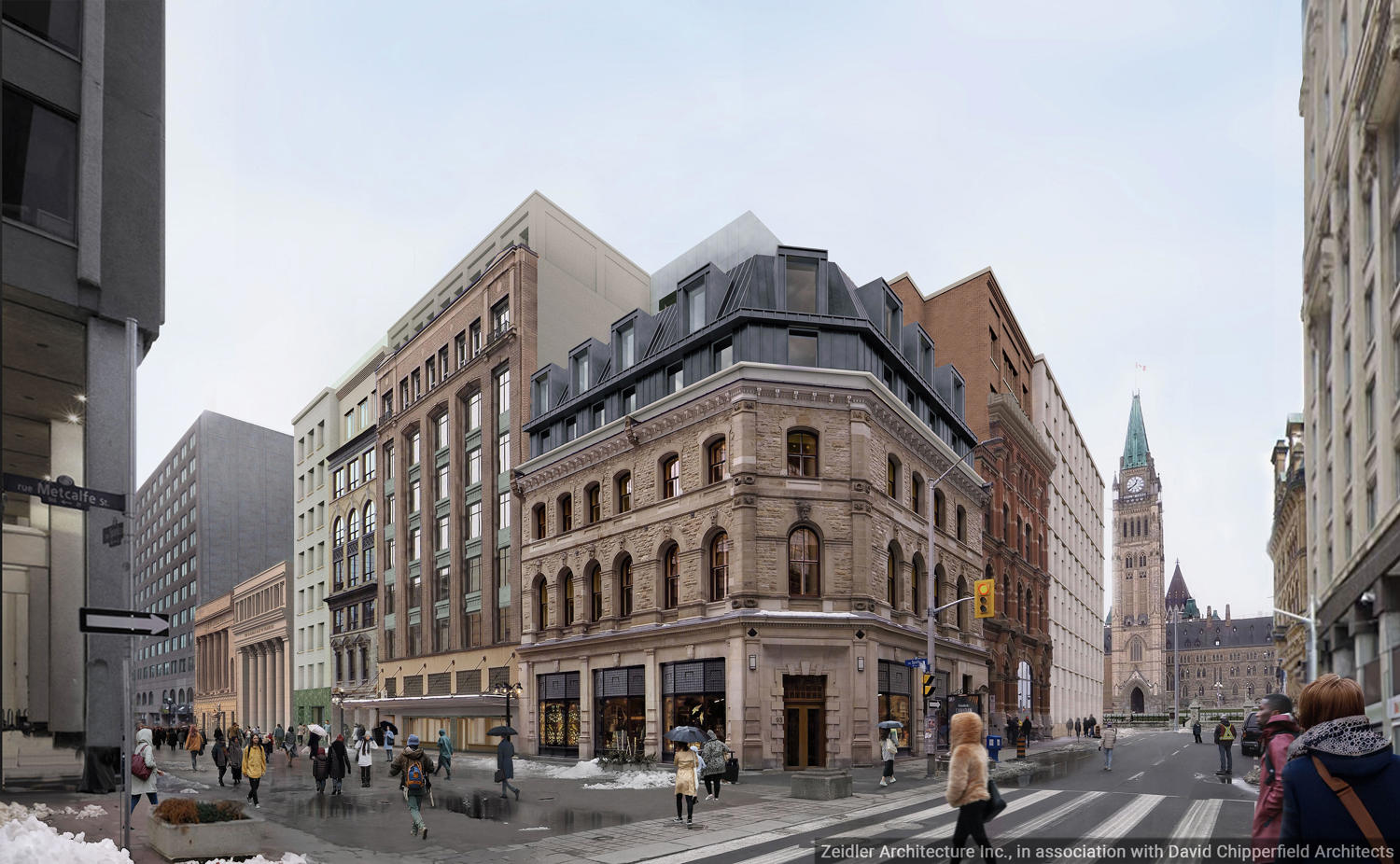 A conceptual design of new buildings and pedestrian walkways on a city block in downtown Ottawa.