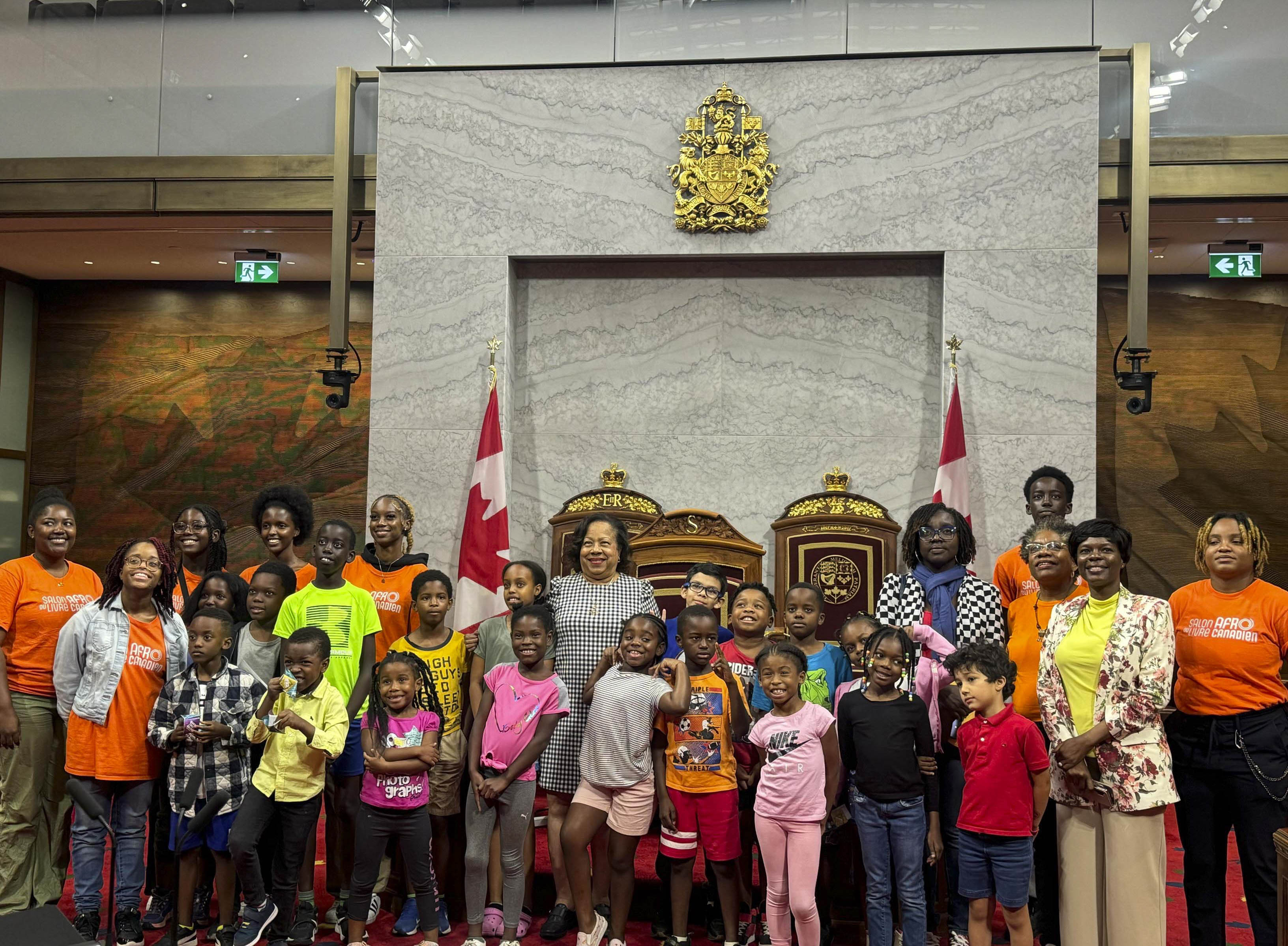 Wednesday, August 7, 2024 – Senator Marie-Françoise Mégie, centre, with children from the Mosaïque Interculturelle Summer Camp; organized by SENgage; Senate of Canada Building, Ottawa, Ontario.