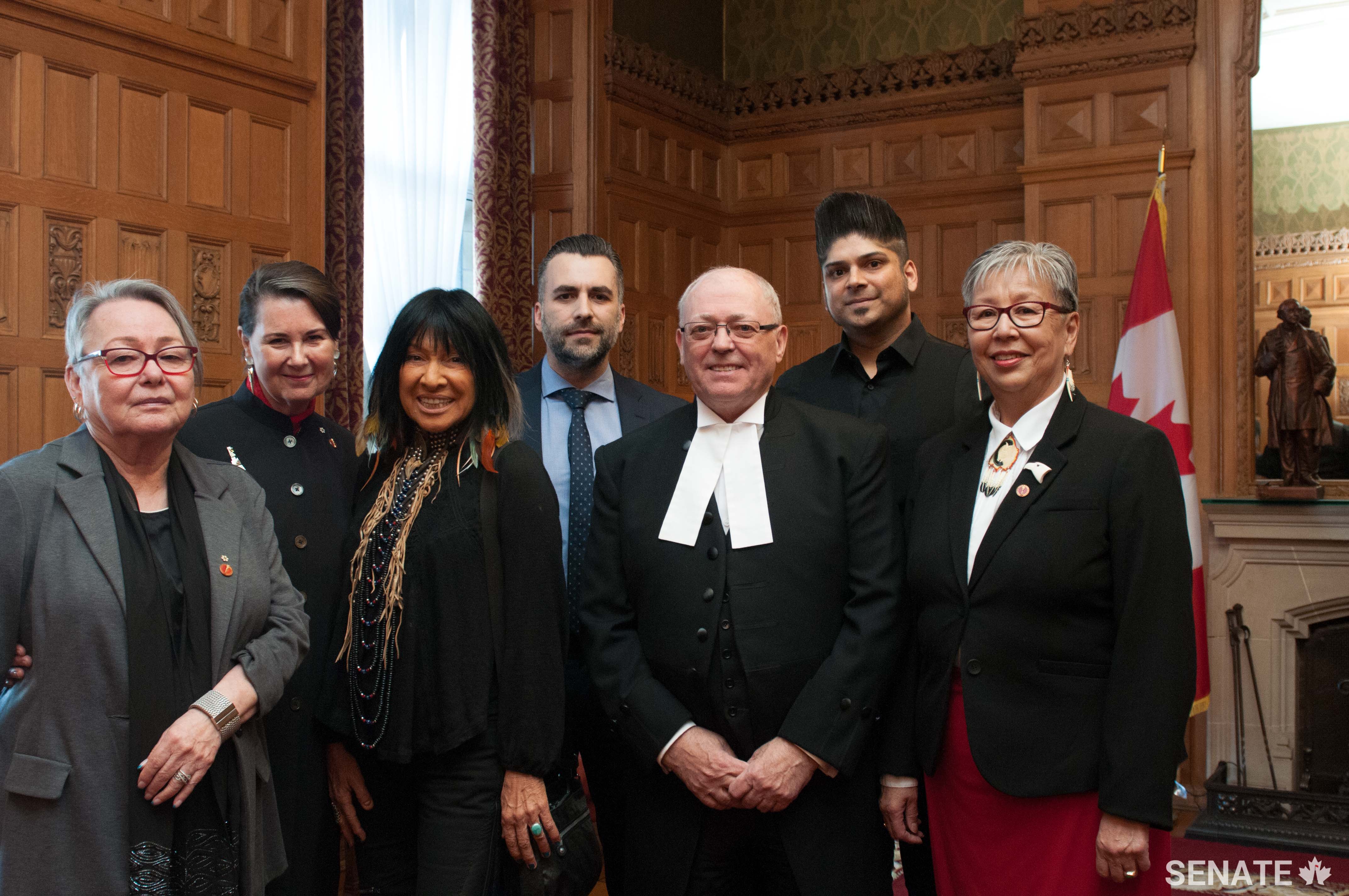 A Celebration of the Power of Music saw senators, musicians and activists come together to discuss the healing power of song on April 3, 2017. Left to right: Senator Sandra Lovelace Nicholas, Senator Marilou McPhedran, Canadian music icon Buffy Sainte-Marie, Make Music Matter founder Darcy Ataman, Speaker George J. Furey, Q.C., Ian D’Sa from rock band Billy Talent and Senator Lillian Eva Dyck.