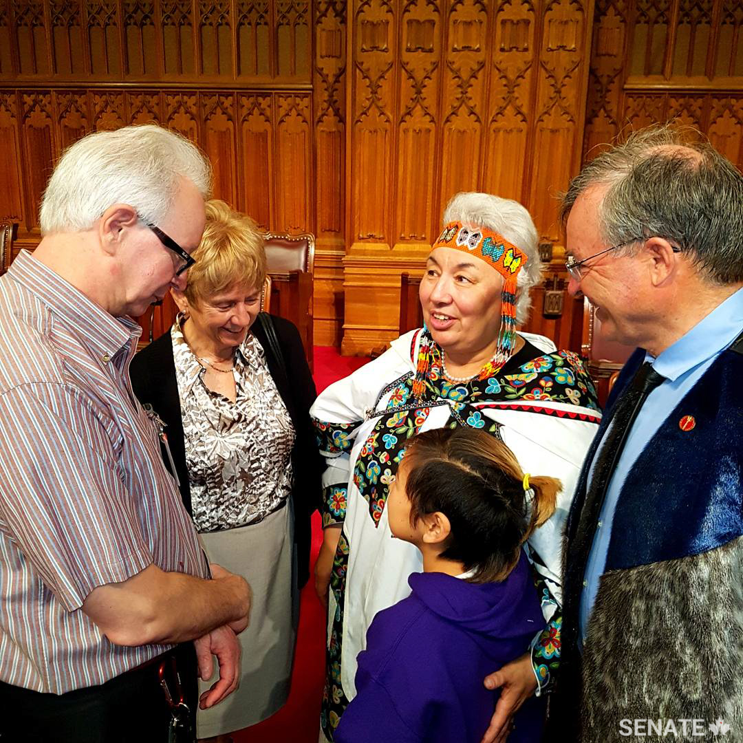 I'm struck by the passion they possess at such a young age. I'm so proud of how they have used their experiences and abilities to promote their culture and improve their communities. — Senator Dennis Patterson, deputy chair of the Senate Committee on Aboriginal Peoples, seen here with Inuit elder Manitok Thompson, Senator Nancy Greene Raine, and Thompson’s family (right to left).