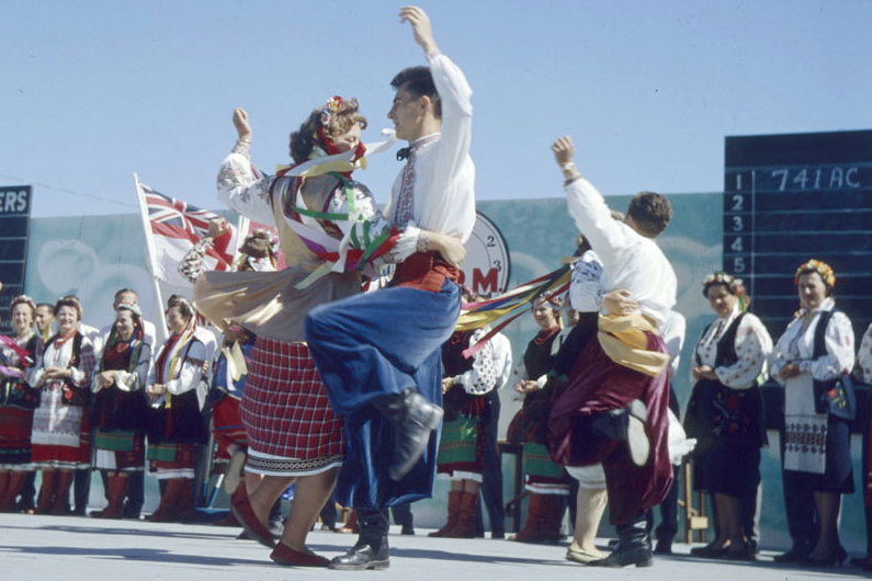 Ukrainian folk dancers perform during Winnipeg’s Dominion Day celebrations in 1961. (Library and Archives Canada)