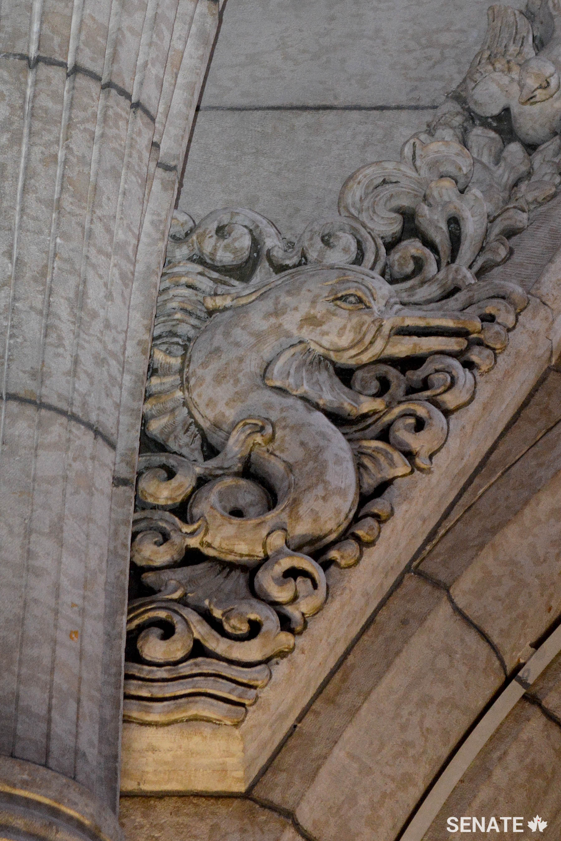 A dolphin leaps above the waves on the east wall of Confederation Hall.