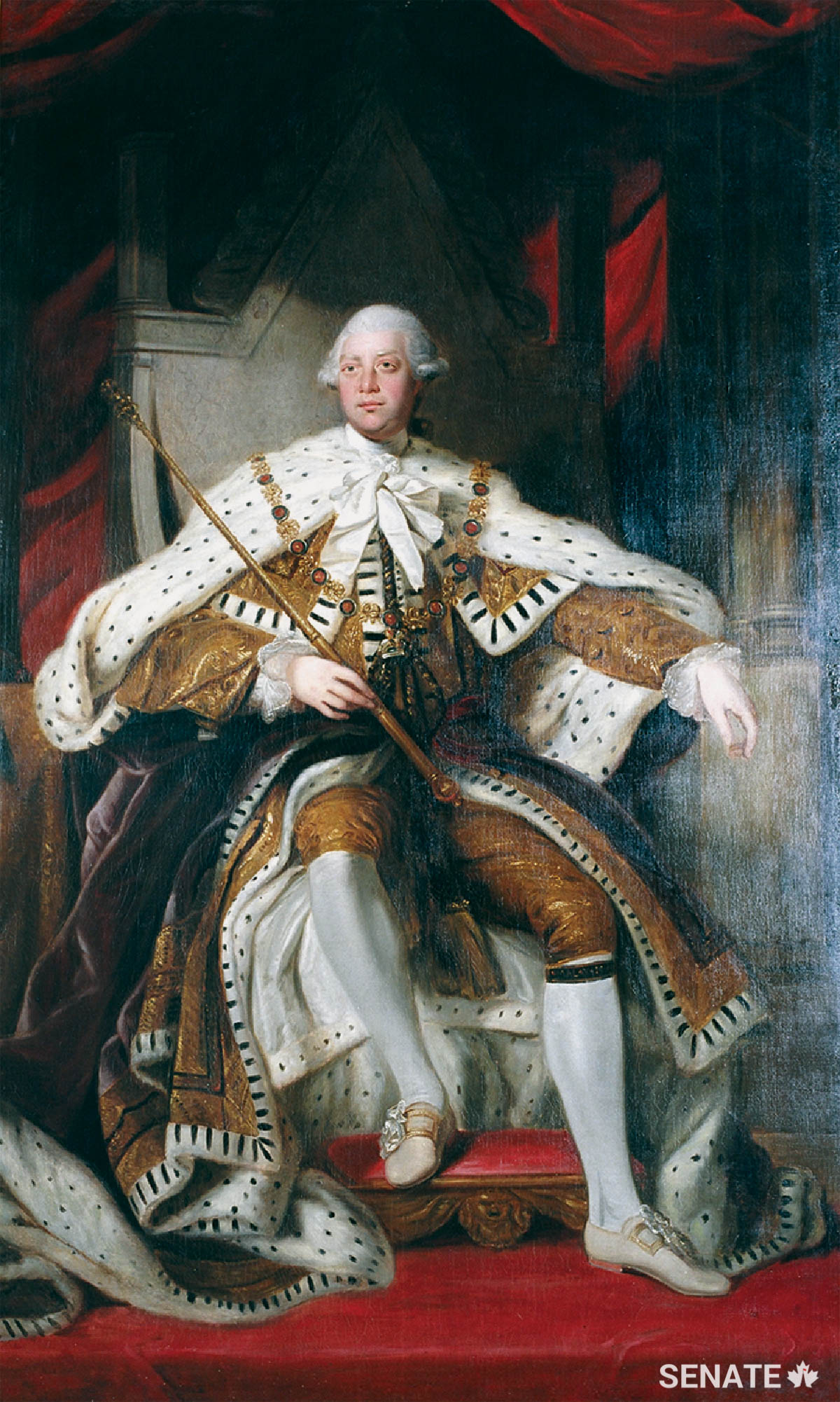 George III’s portrait hangs on the south wall of the foyer. George had a combative relationship with his official portraitist, Joshua Reynolds. Despite their personal differences, Reynolds depicted the King with the grandeur and bearing of an ideal Enlightenment monarch.
