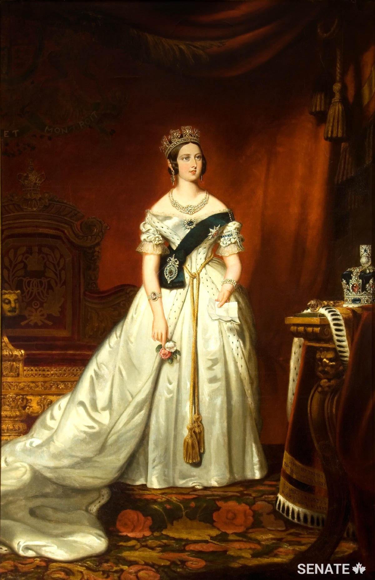 The state portrait of Queen Victoria was acquired in 1849 to hang in Montreal’s Bonsecours Market, which briefly housed the Parliament of the Province of Canada. The painting escaped four fires before coming to hang in the Senate foyer.