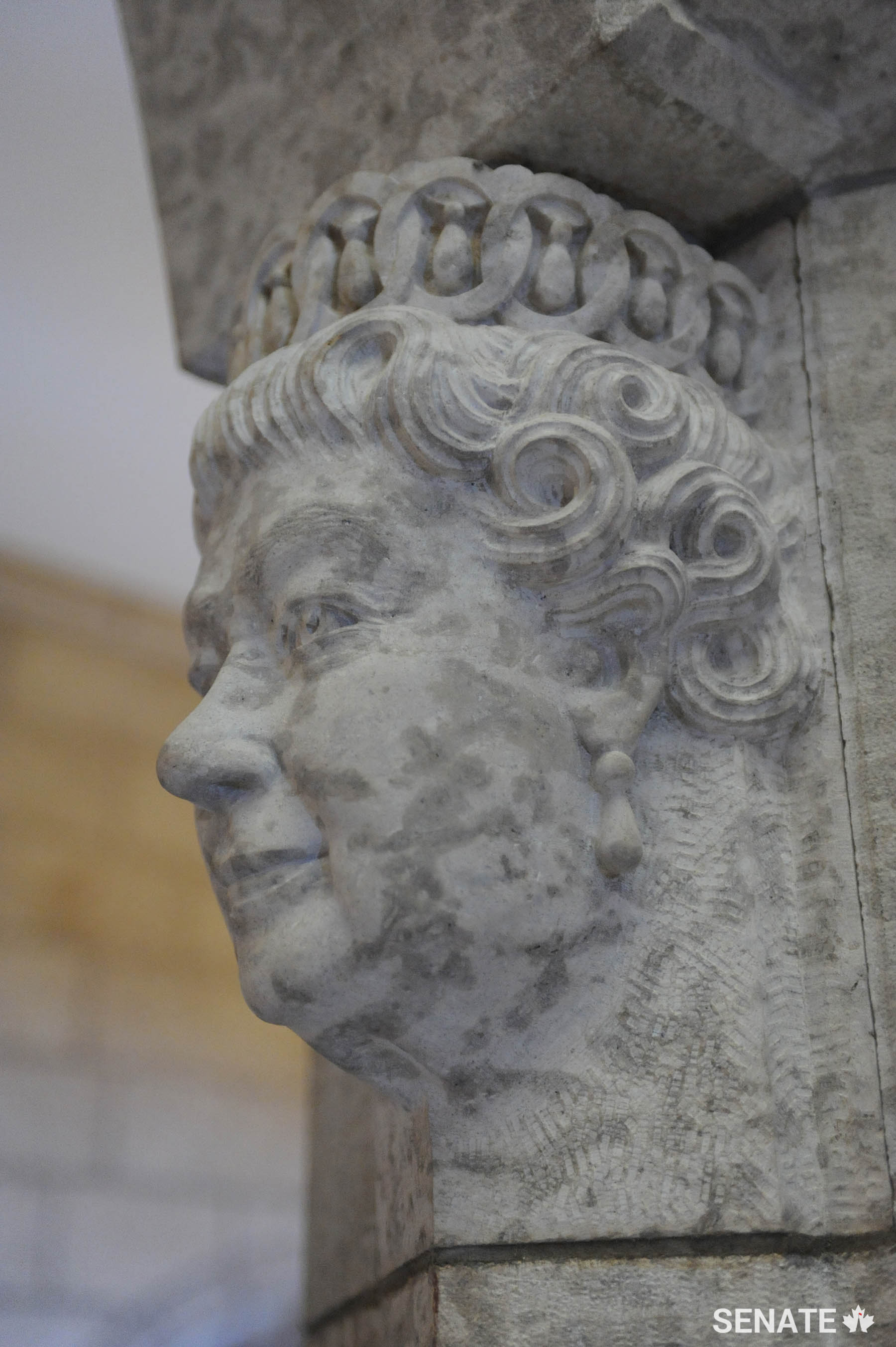 This portrait head of Queen Elizabeth II, carved in Manitoba Tyndall stone, was installed in the Senate foyer in 2010.