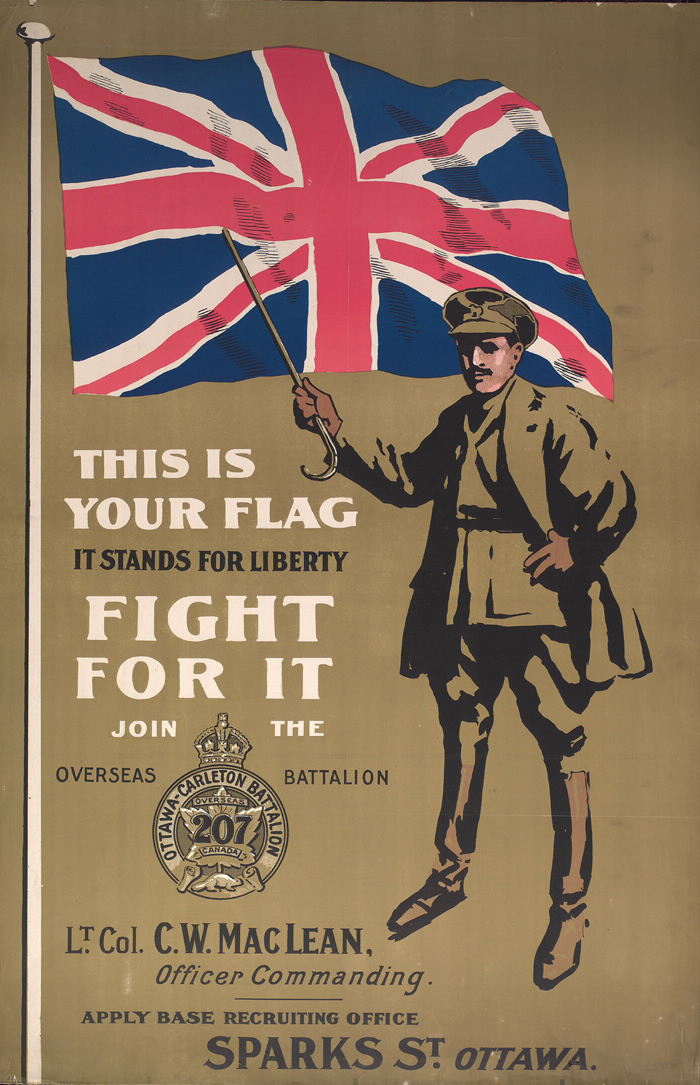 The 207th Battalion’s recruitment centre was in Connaught Square, near Grand Trunk Central Station. The battalion’s slogan, “This is your flag — Fight for it,” inspired a popular patriotic song of the day.