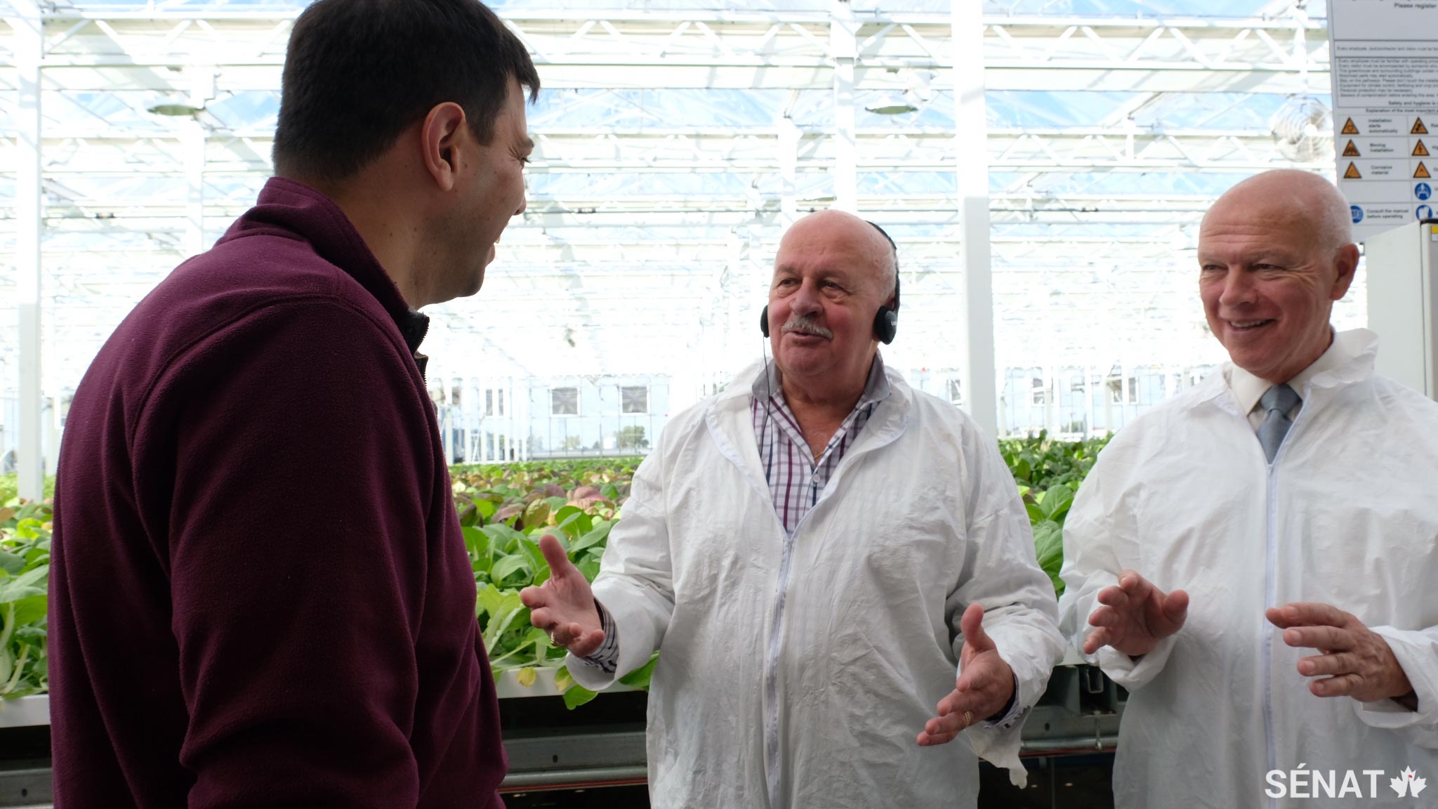 Les sénateurs Terry Mercer, au centre, et Jean-Guy Dagenais, à droite, visitent les Fermes Lufa, des serres situées sur l’île de Montréal qui permettent à des agriculteurs de cultiver des légumes en milieu urbain, réduisant ainsi les besoins en matière de transport. De plus, l’utilisation des toits pour les cultures vivrières permet de se servir d’espaces qui seraient autrement perdus.