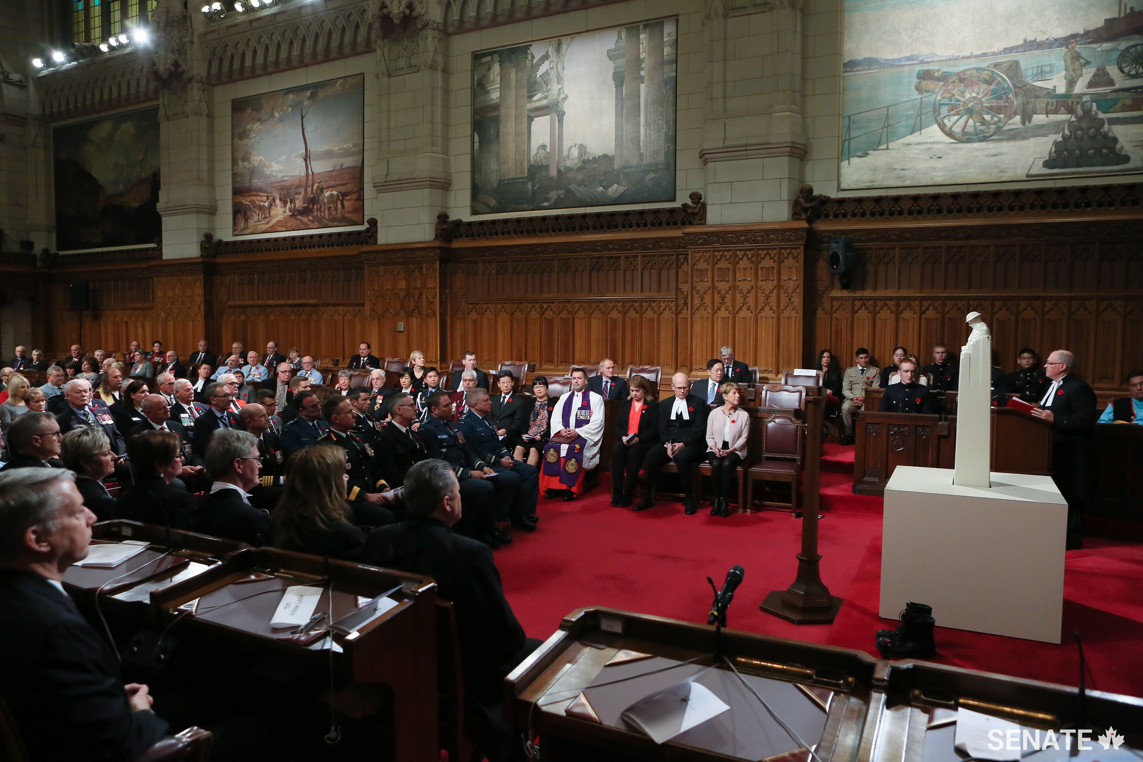 Speaker George J. Furey addresses a full Senate Chamber, speaking to the debt Canadians owe to our men and women in uniform.