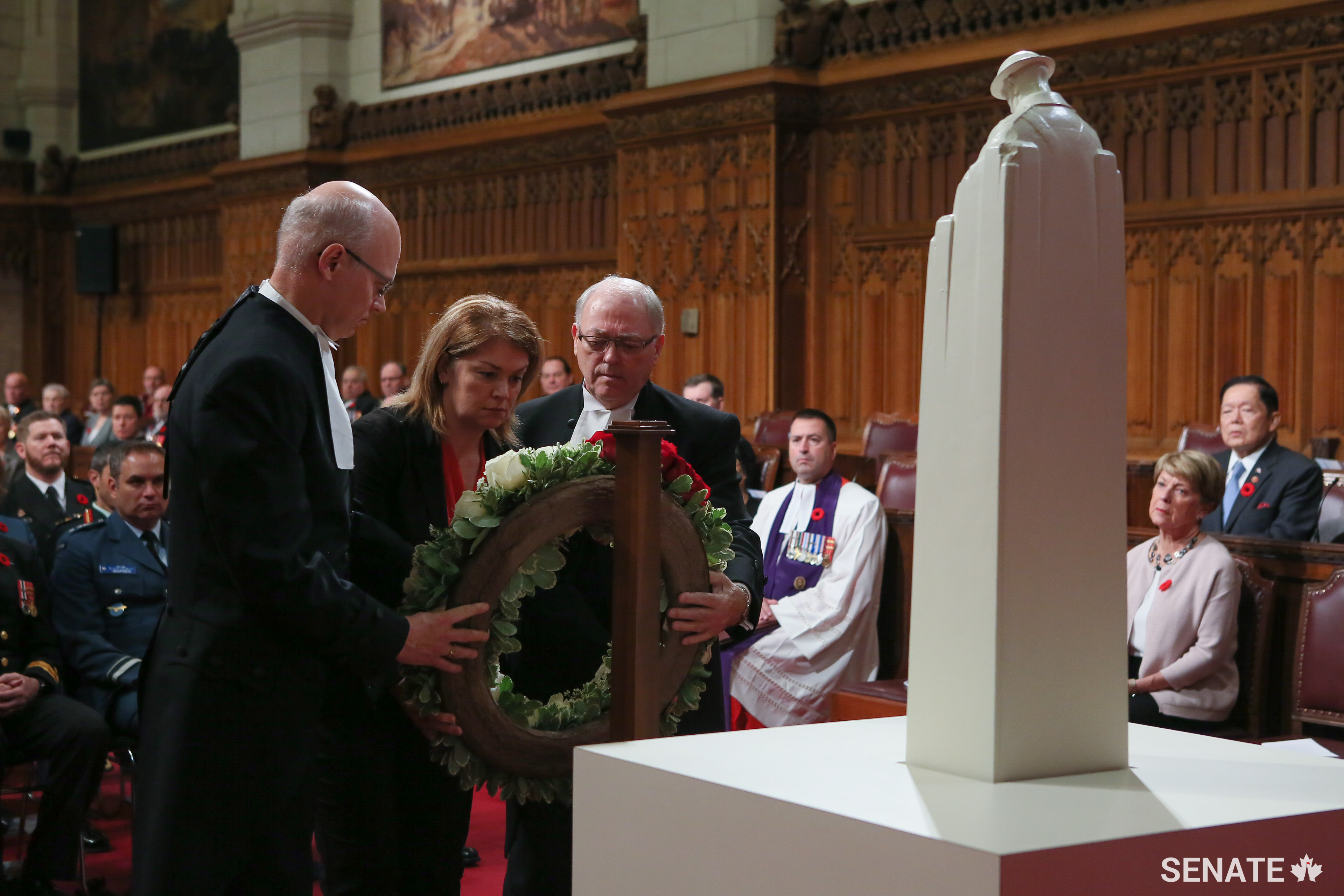 Speaker Furey, MP Sherry Romanado (Parliamentary Secretary to the Minister of Veterans Affairs) and House of Commons Speaker Geoff Regan lay the wreath to Canada’s fallen.