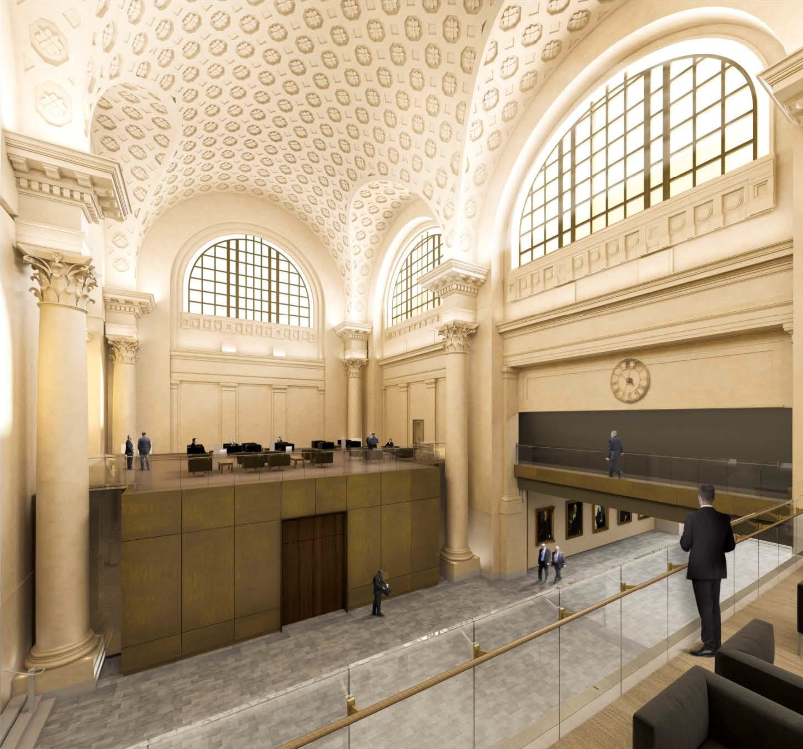 Architects have incorporated many of the architectural features that were typical of an early 1900s train station, such as vaulted ceilings, massive columns and large semicircular windows, into the design for the Senate’s temporary home.