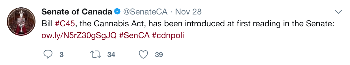 Image of tweet of first reading for Bill C45
