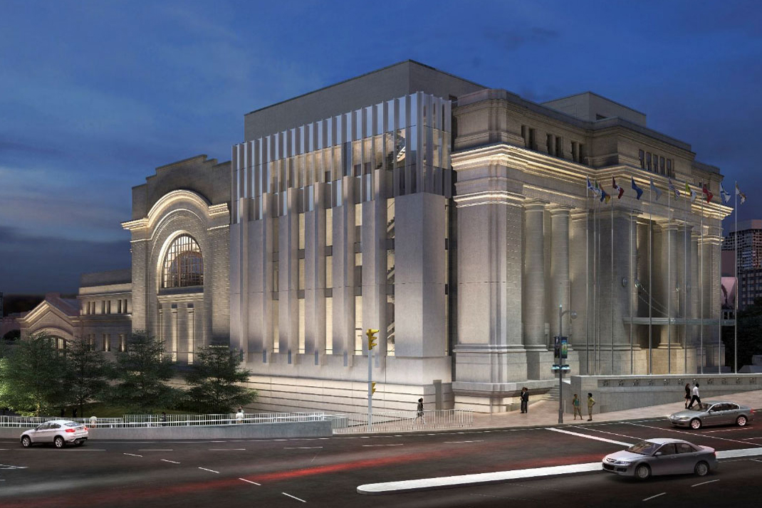 The new east facade is a modernist design that echoes the Government Conference Centre’s Beaux Arts features.