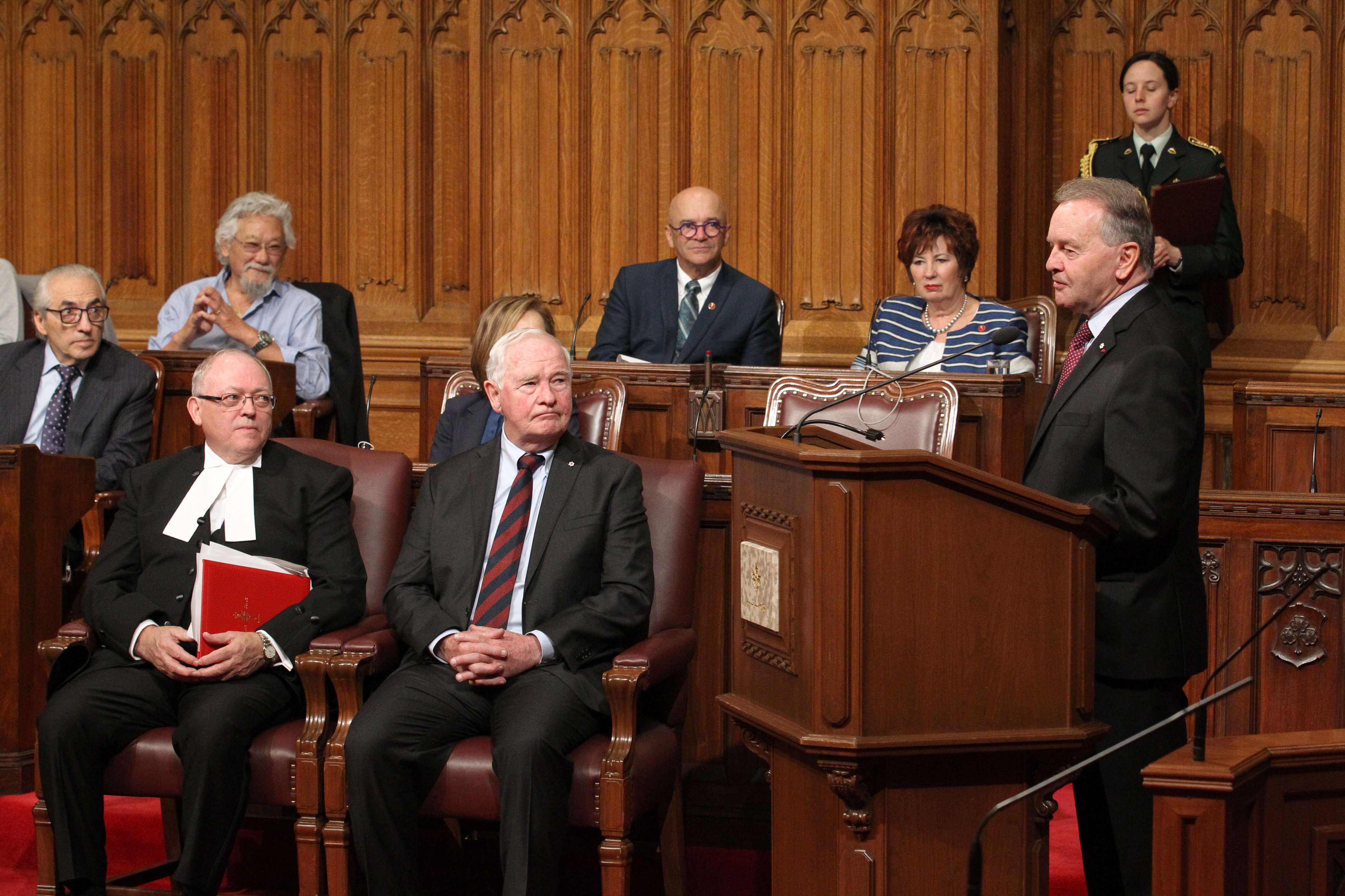 Senator Joyal delivers the opening remarks at his <a href='https://sencanada.ca/en/sencaplus/news/past-present-future-senate-symposium-puts-canada-150-in-context/'>Canada 150 Senate Symposium</a>. Over the course of the two-day event, leading Canadians mapped out the direction they predict the country will take in panel discussions on topics such as Canada’s relations with First Nations, sustainable