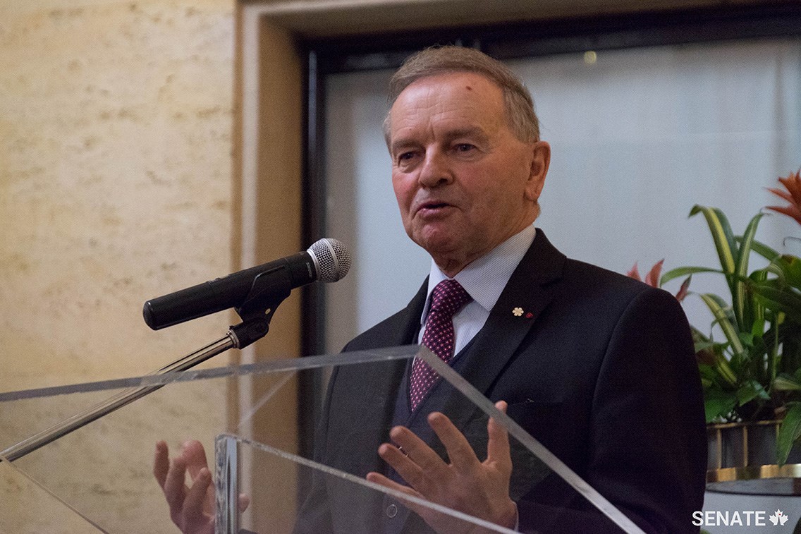 Senator Joyal gives a speech at the French Embassy on the evolving relationship between Napoléon and Canada over the course of history, before the screening of his documentary on the subject in February 2017. The senator also wrote a book on the subject.