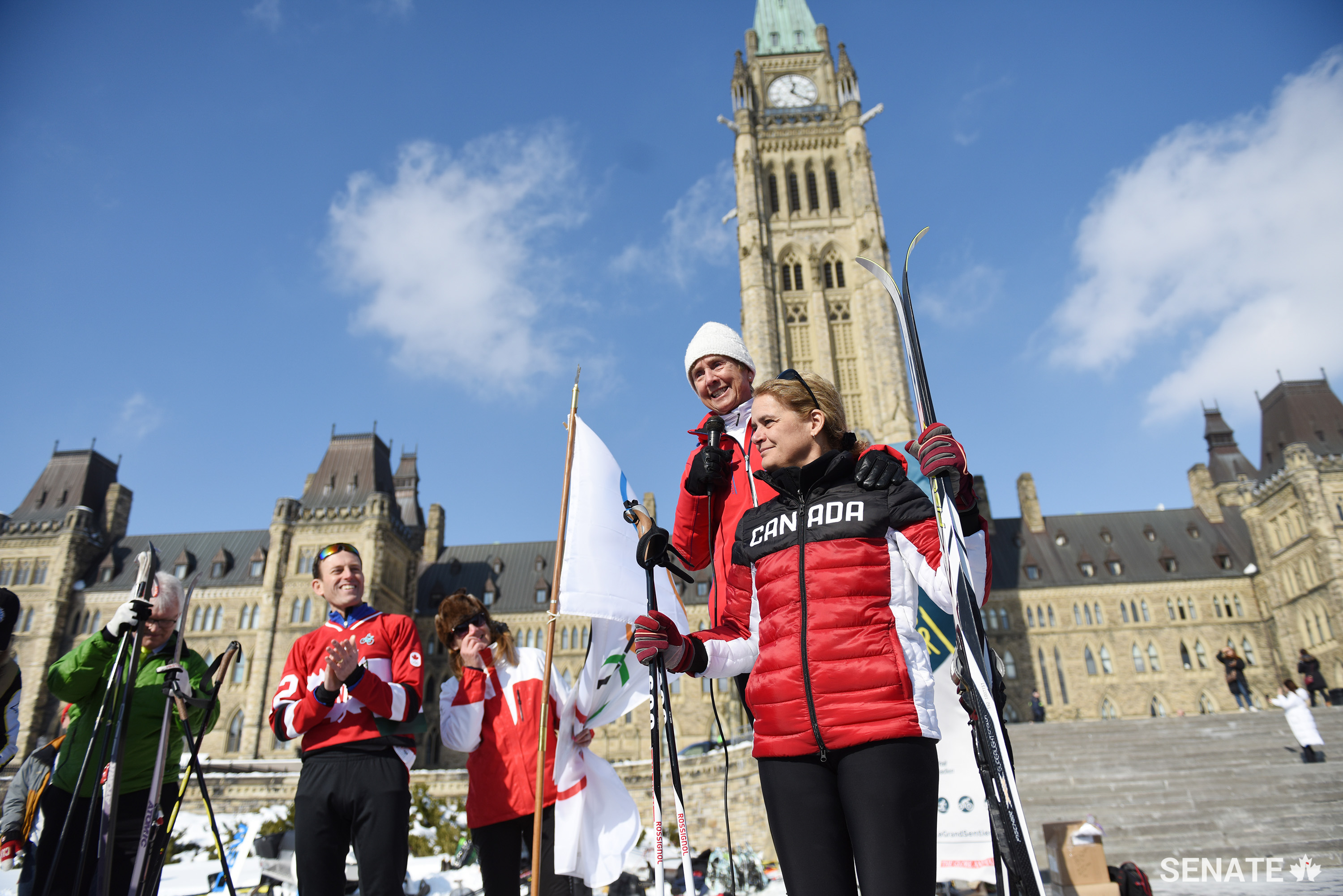 Olympic gold medalist Senator Nancy Greene Raine is joined by Governor General Julie Payette to announce the opening of Ski Day on the Hill 2018.