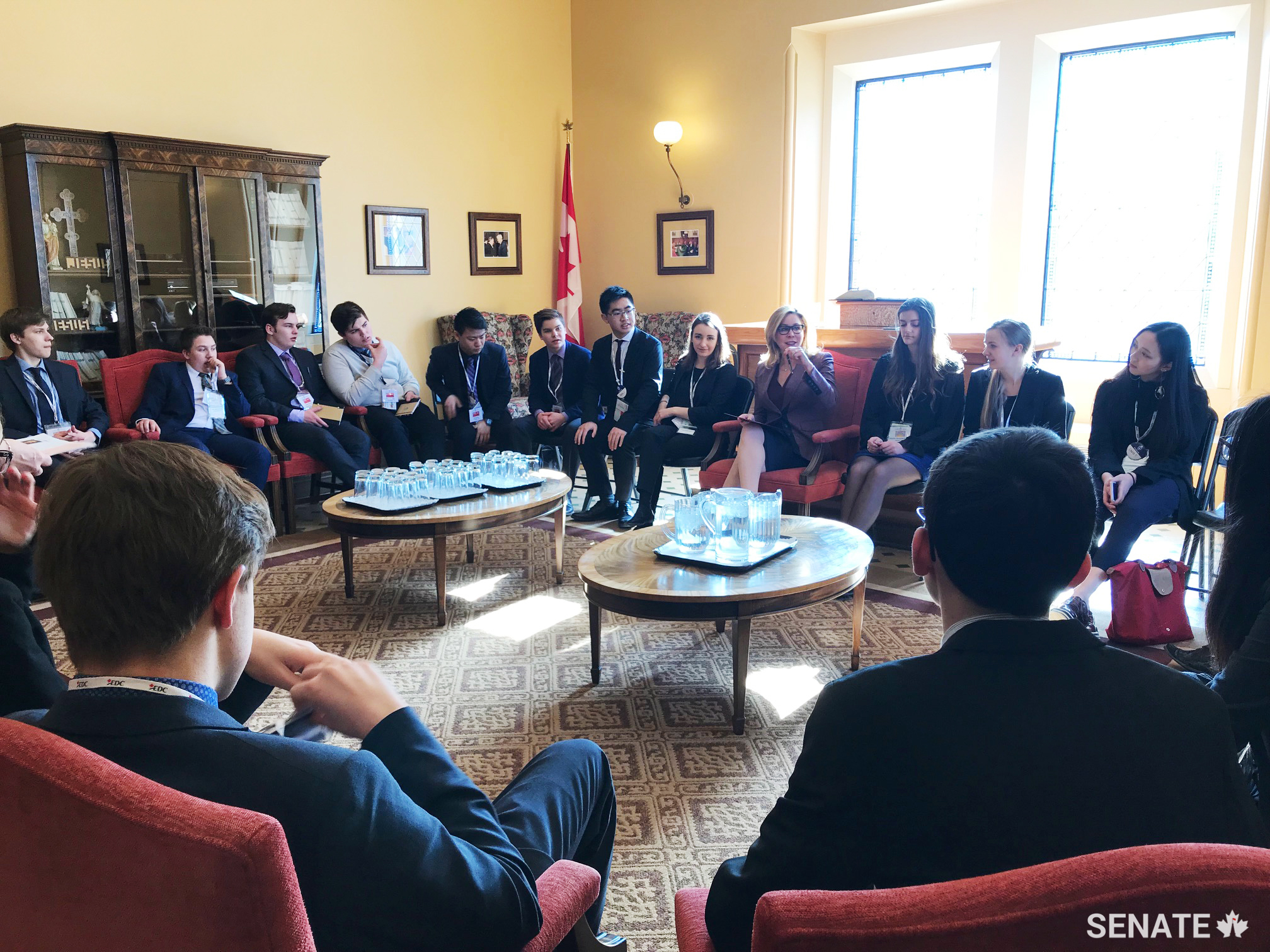 Senator Linda Frum speaks with Forum participants about Bill S-239, which seeks to eliminate foreign influence in Canadian elections.