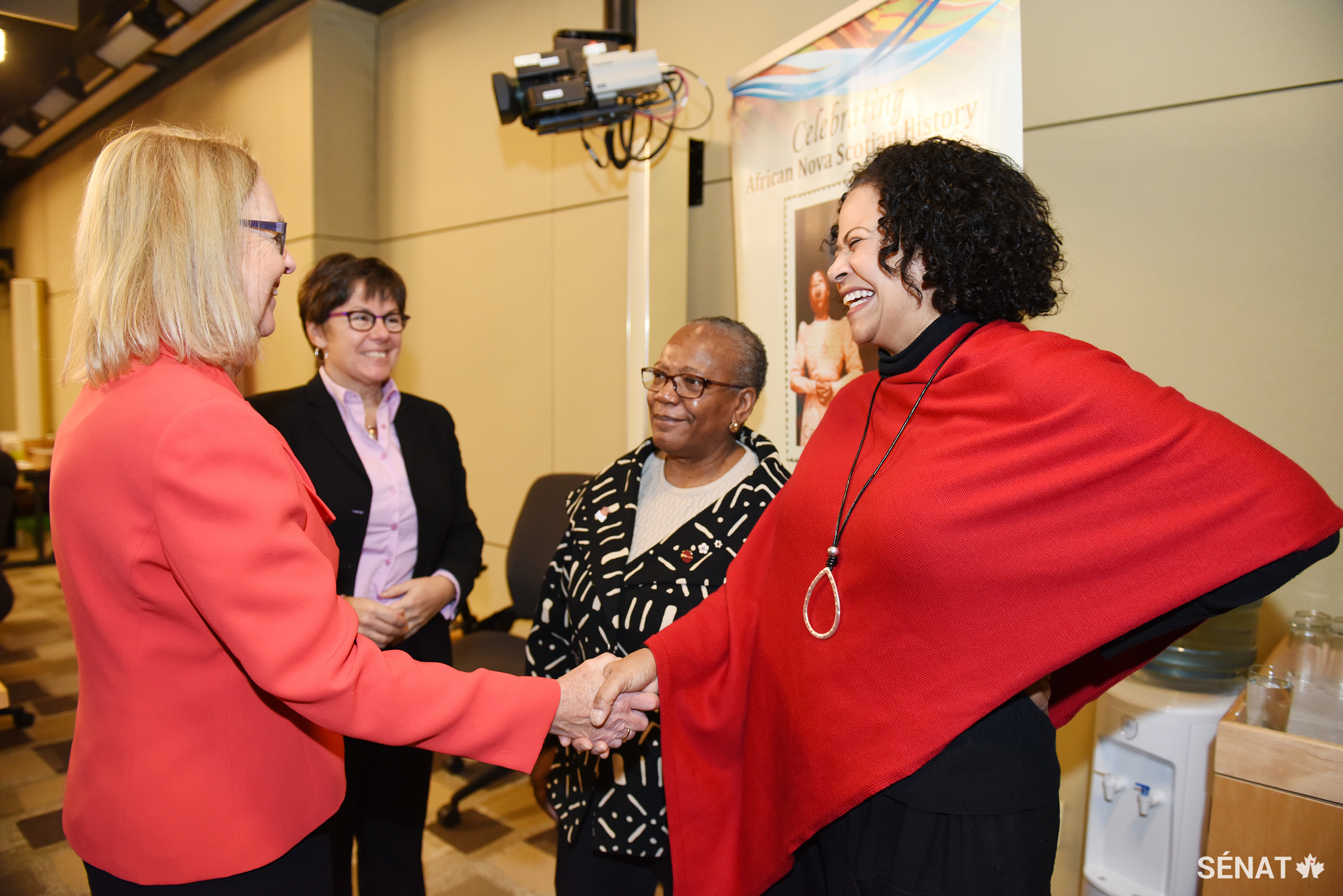 La sénatrice Jane Cordy, vice-présidente du Comité sénatorial des droits de la personne, la sénatrice Kim Pate, et la sénatrice Wanda Thomas Bernard, présidente du comité, s’entretiennent avec Michelle Williams, professeure à la <em>Schulich School of Law</em> en Nouvelle Écosse, après une réunion du comité à Ottawa.