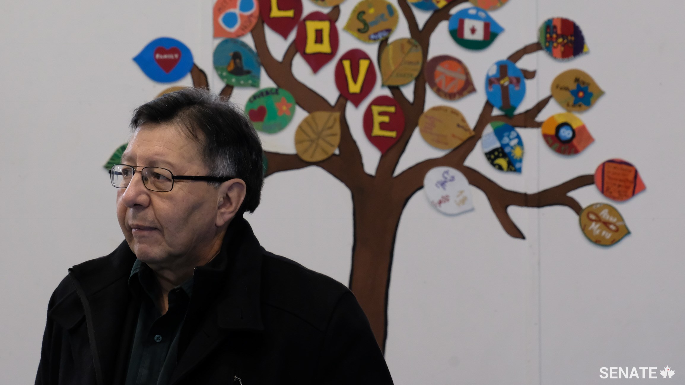 Senator Dan Christmas stands in front of a piece of local art displayed in the recreation centre at Buffalo Lake, where members of the committee met with community members. The recreation centre is at the heart of the community’s activities.