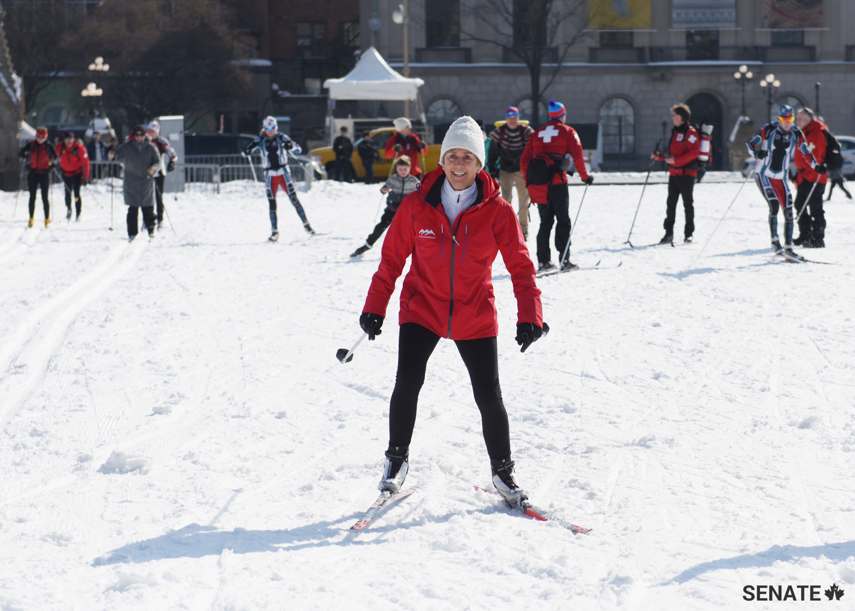 Senator Nancy Greene Raine smiles in the sunshine during Ski Day on the Hill in February 2018.