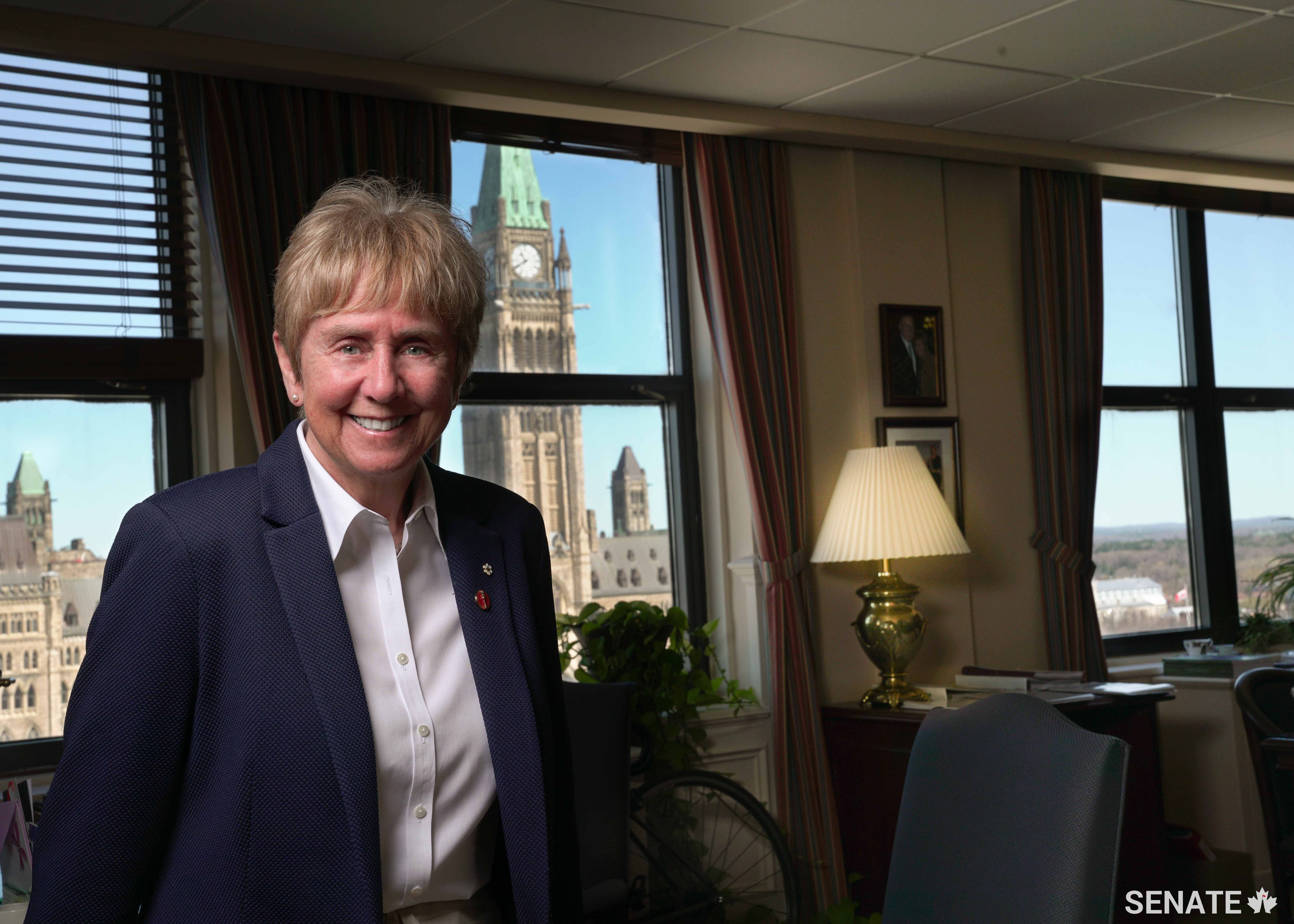 Senator Nancy Greene Raine takes a break from packing up her Parliament Hill office. She retired from the Senate on May 11, 2018.